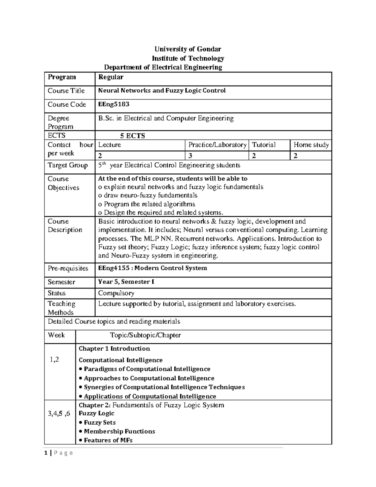EEng5183: Neural Networks & Fuzzy Logic Control Course Outline - Studocu