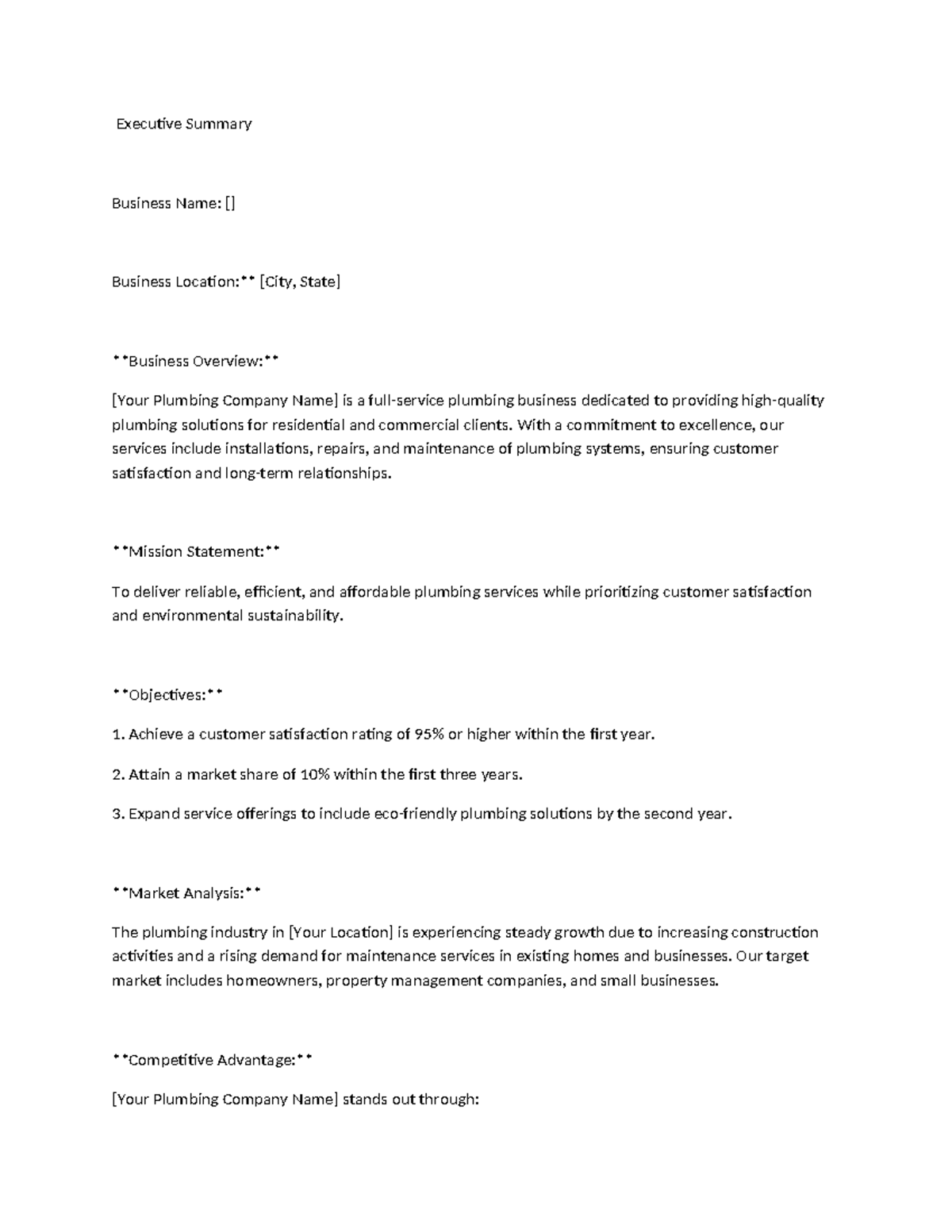 Executive Summary Sample for Plumbing Company Business Plan - Studocu