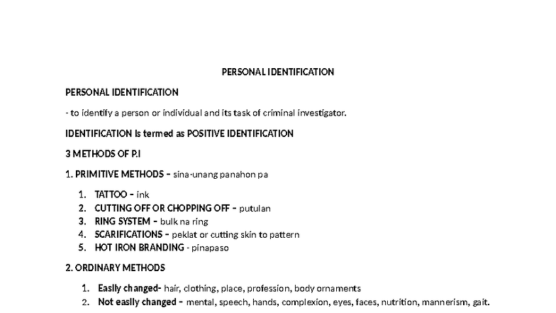 P.I. Reviewer: Personal Identification Methods and Techniques - Studocu