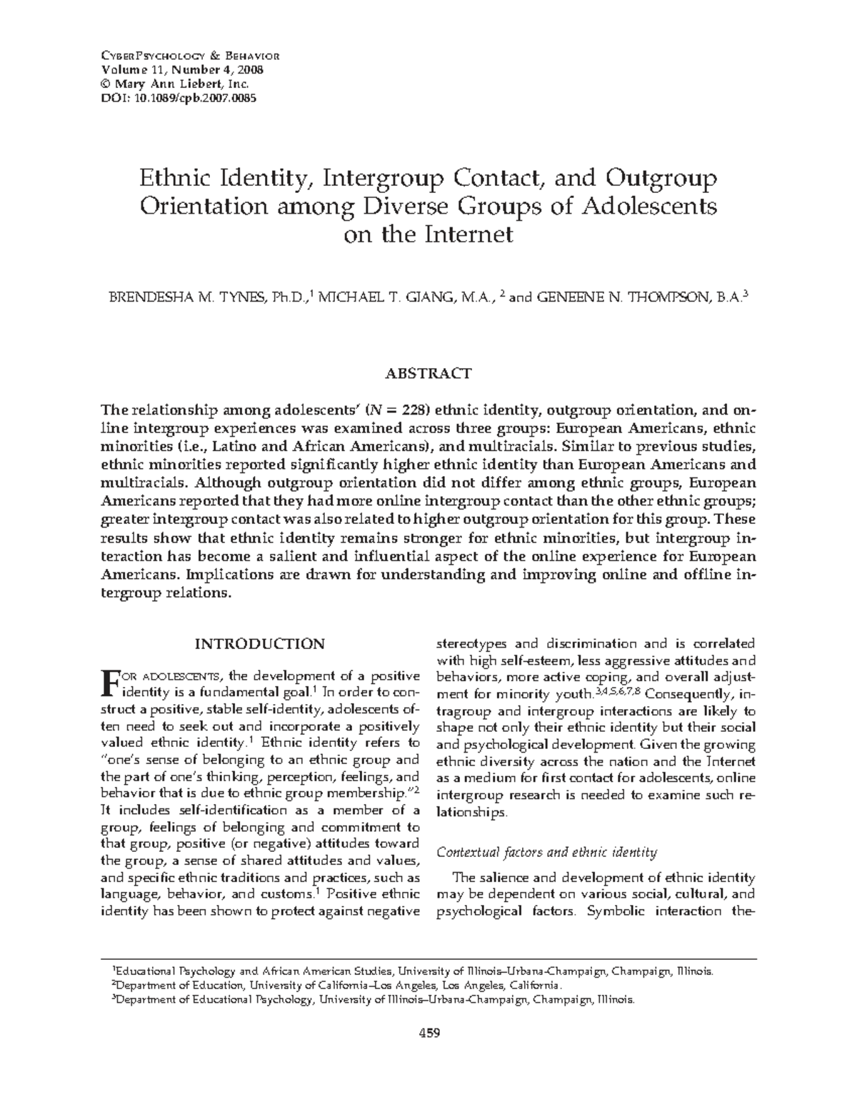 CYBERPSYCHOLOGY 2008: Online Intergroup Interaction & Ethnic Identity ...