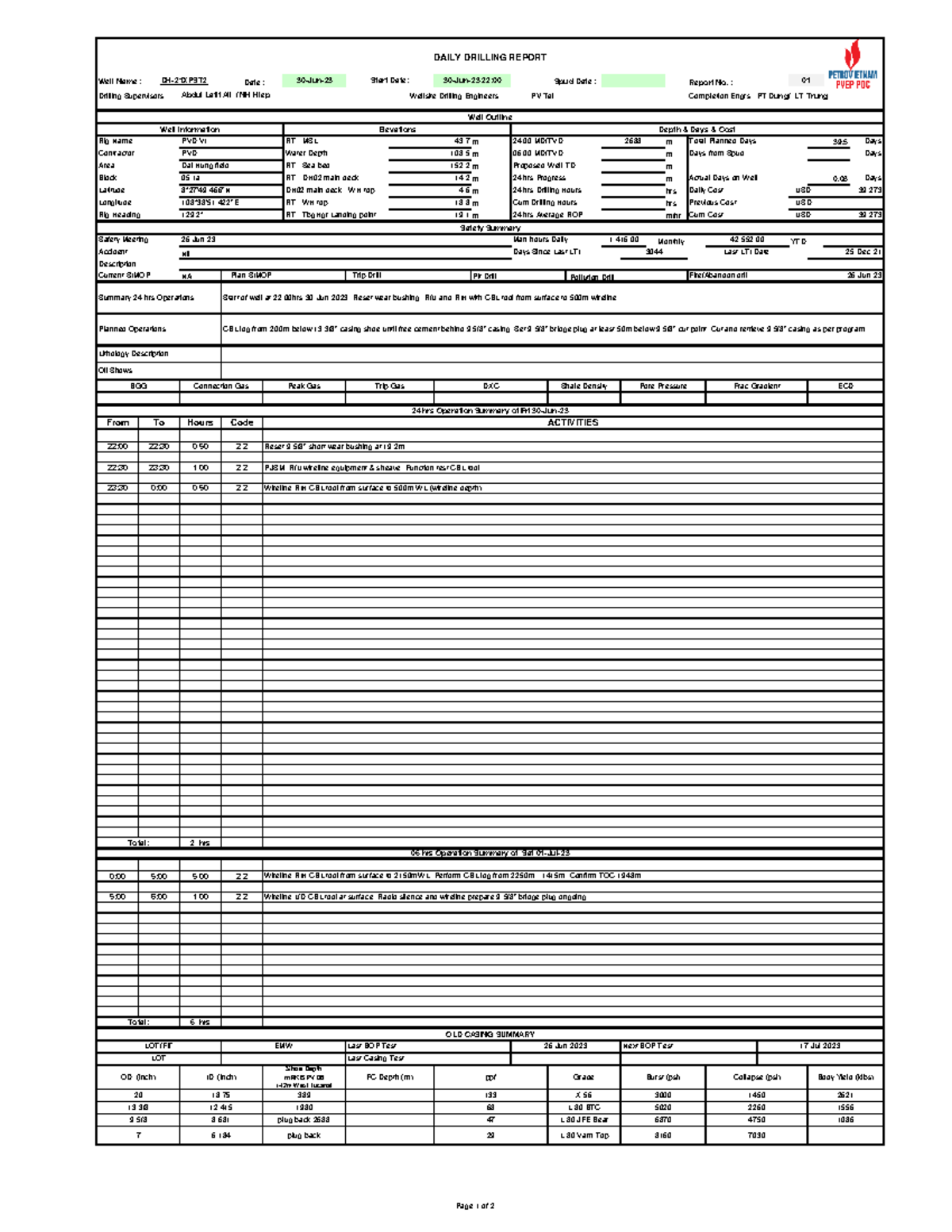 Daily Drilling Report for DH-21XPST2 - 30 Jun 23 - Studocu