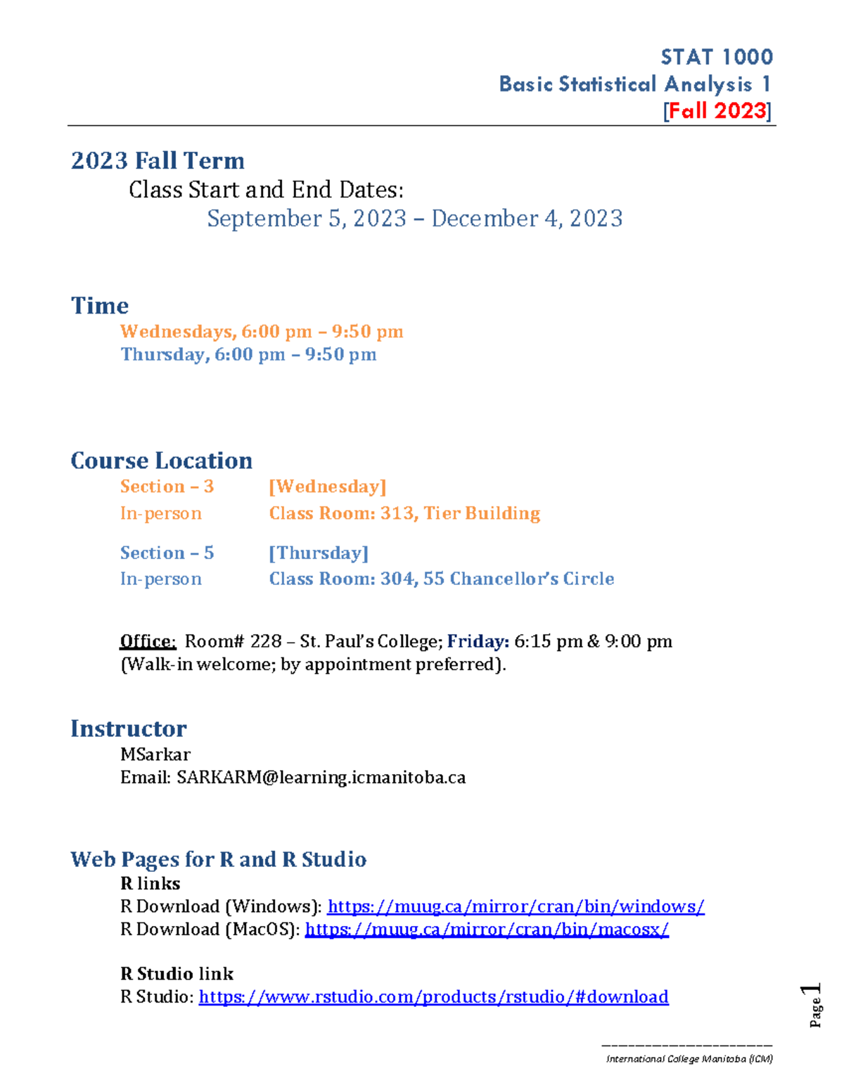 Course Syllabus for Basic Statistical Analysis 1 STAT 1000 Fall 2023 ...