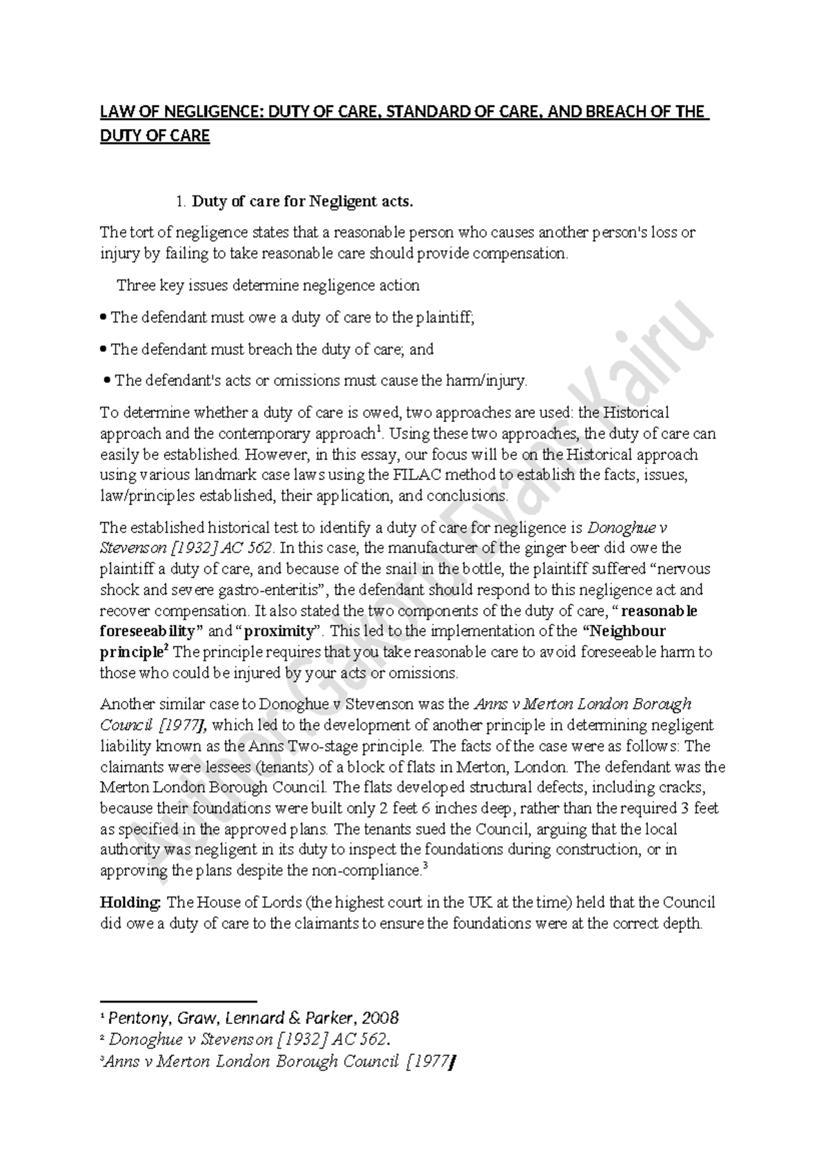 LAW OF NEGLIGENCE: DUTY OF CARE, STANDARD OF CARE & BREACH - Studocu
