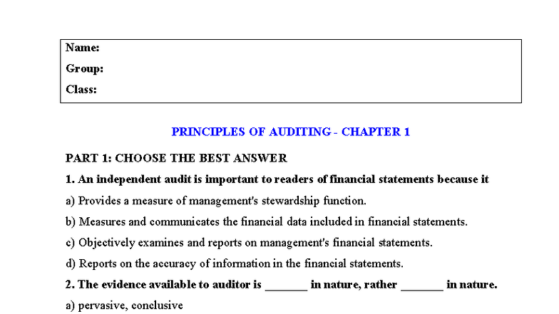 Principles of Auditing (AUD 101) Chapter 1 Review Questions - Studocu