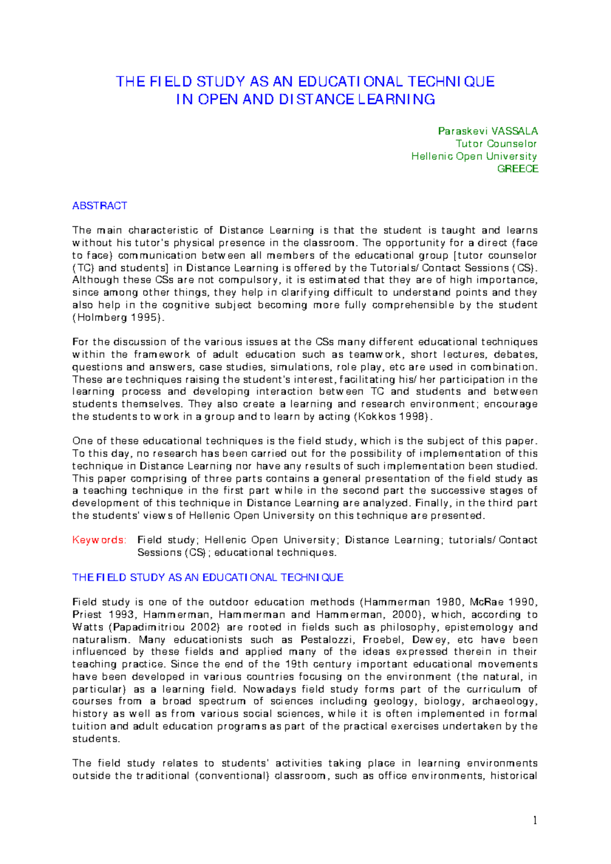 ED494356 - Field Study in Distance Learning: Techniques & Student ...