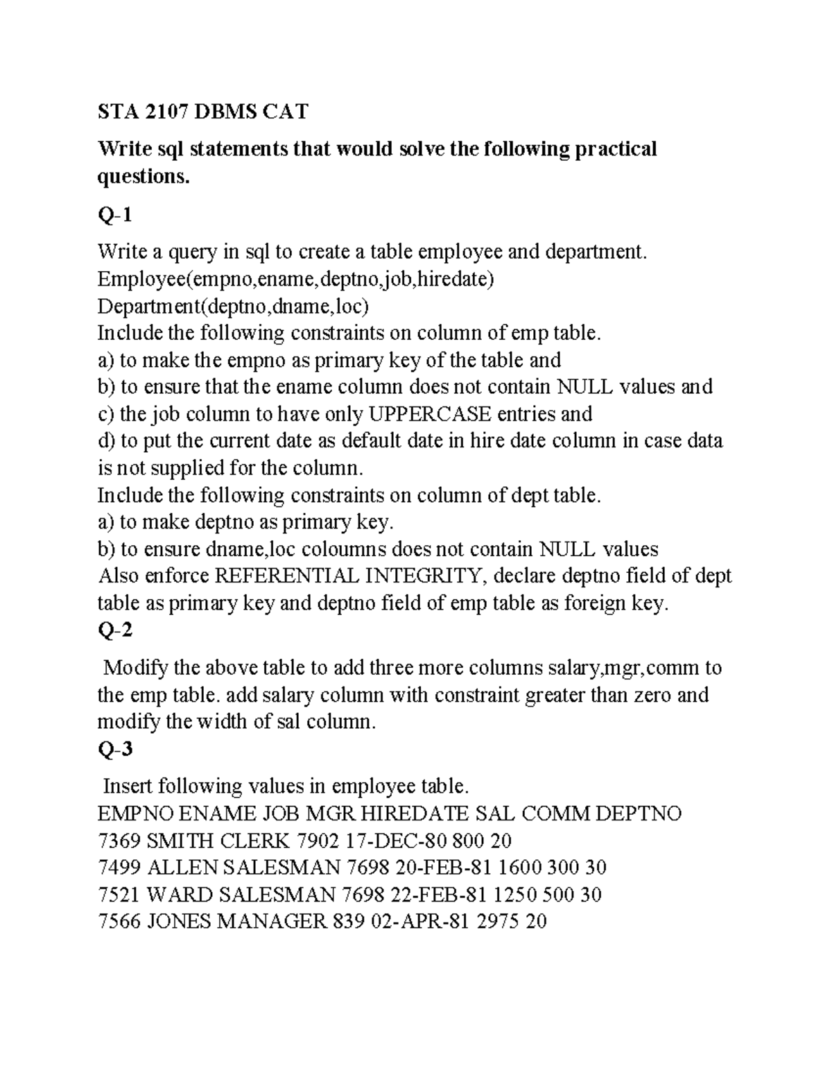 STA 2107 DBMS CAT-1 SQL Statements and Table Design Guide - Studocu