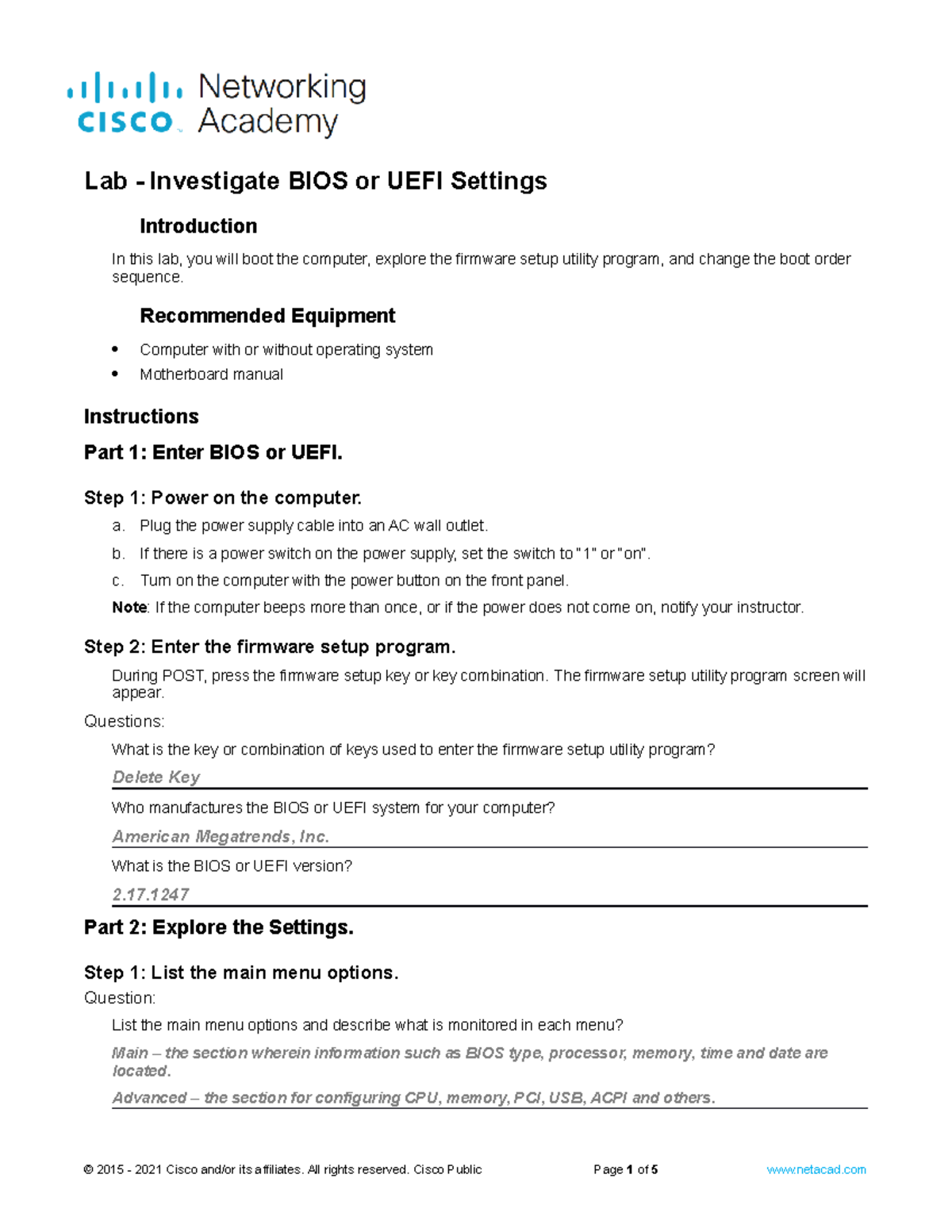 CPE 103 Lab 1.2: BIOS/UEFI Settings Investigation Guide - Studocu