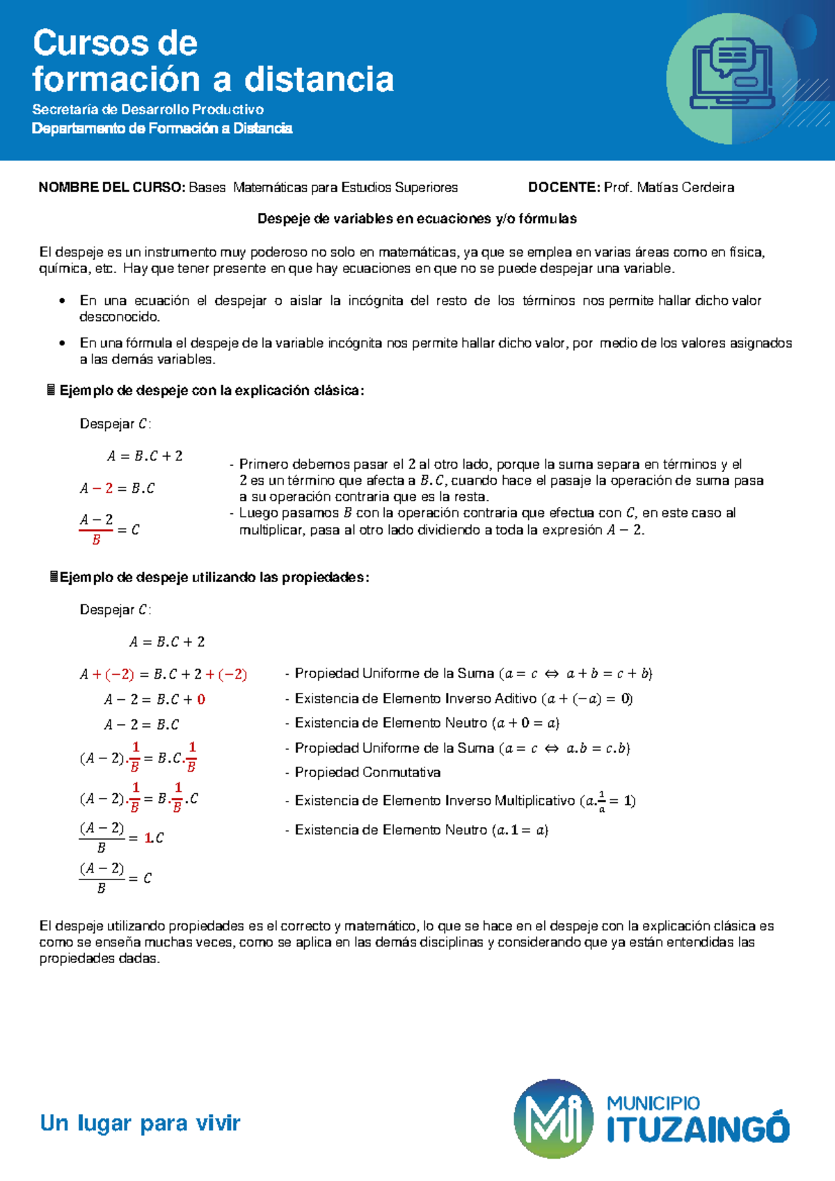 Bases Matemáticas para Estudios Superiores: Despeje de Fórmulas - Studocu