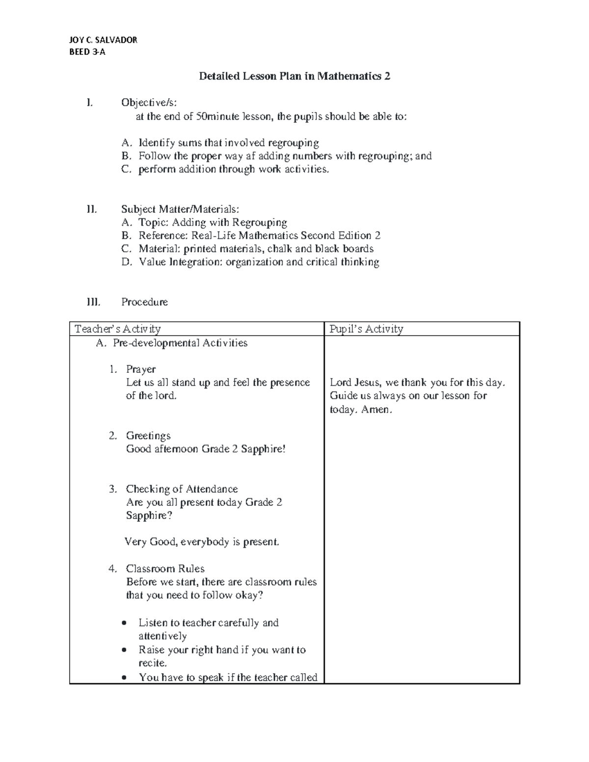 BEED 3-A Adding with Regrouping Lesson Plan for Grade 2 Students - Studocu