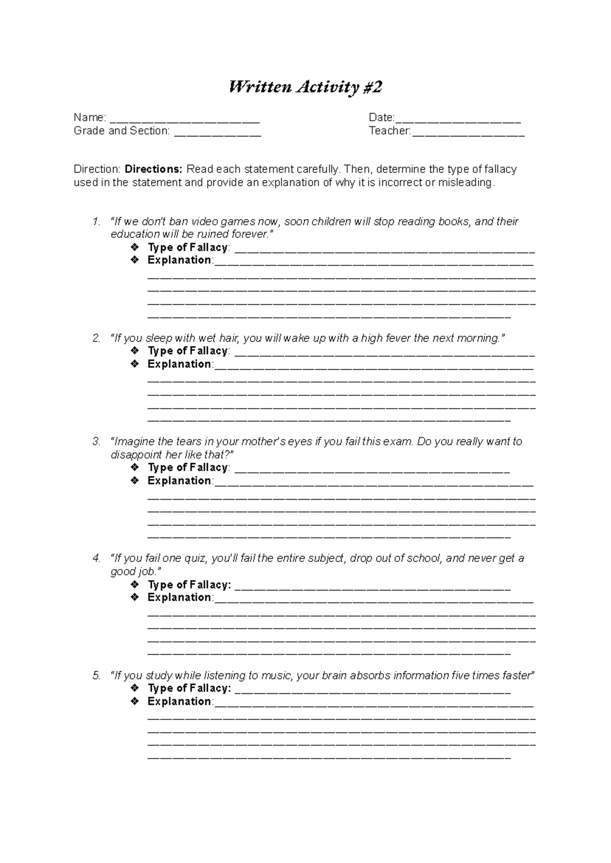 Written Activity: Identifying Fallacies in Arguments - Studocu