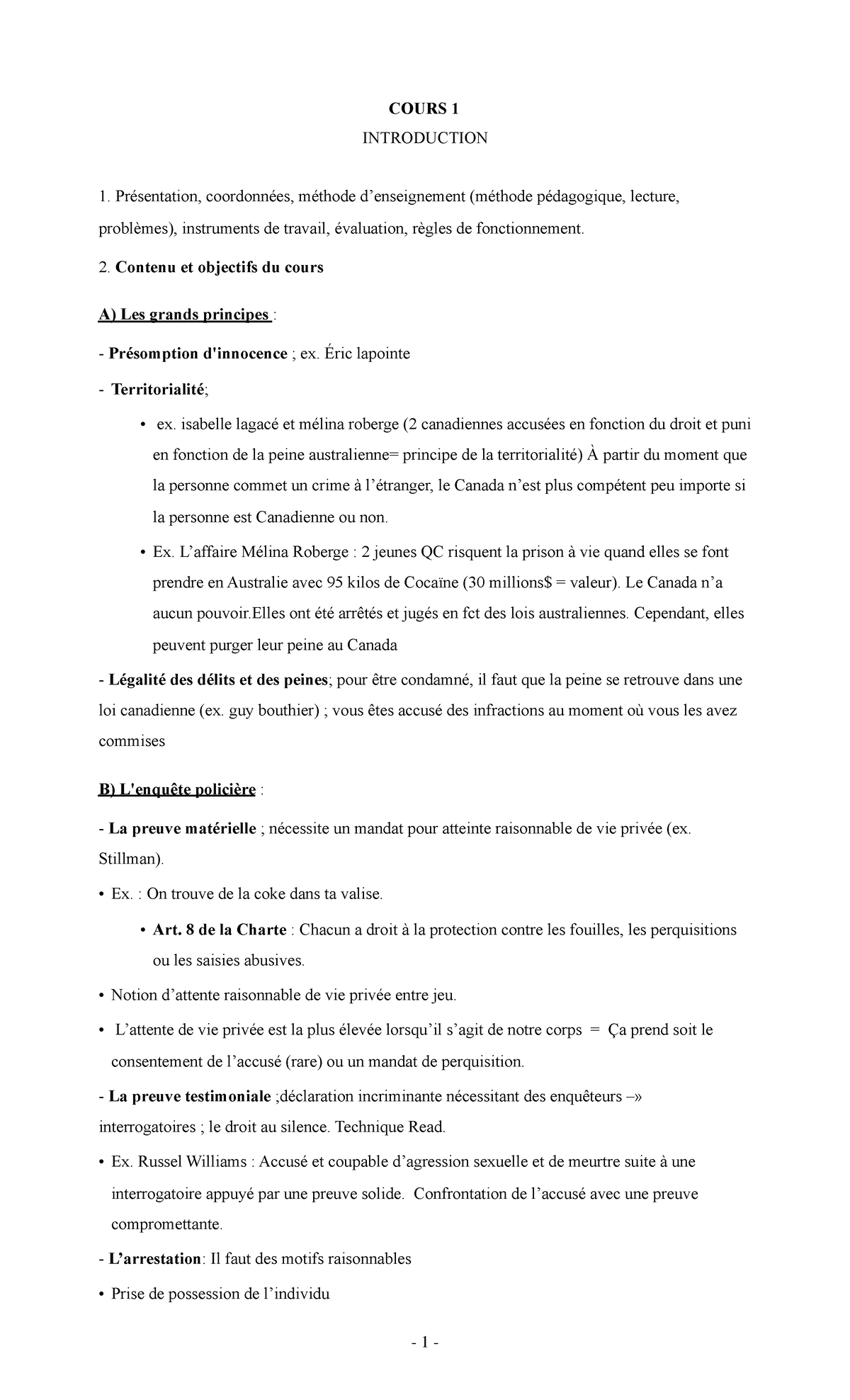 Notes de cours (1 et 2) - COURS 1 INTRODUCTION Présentation ...