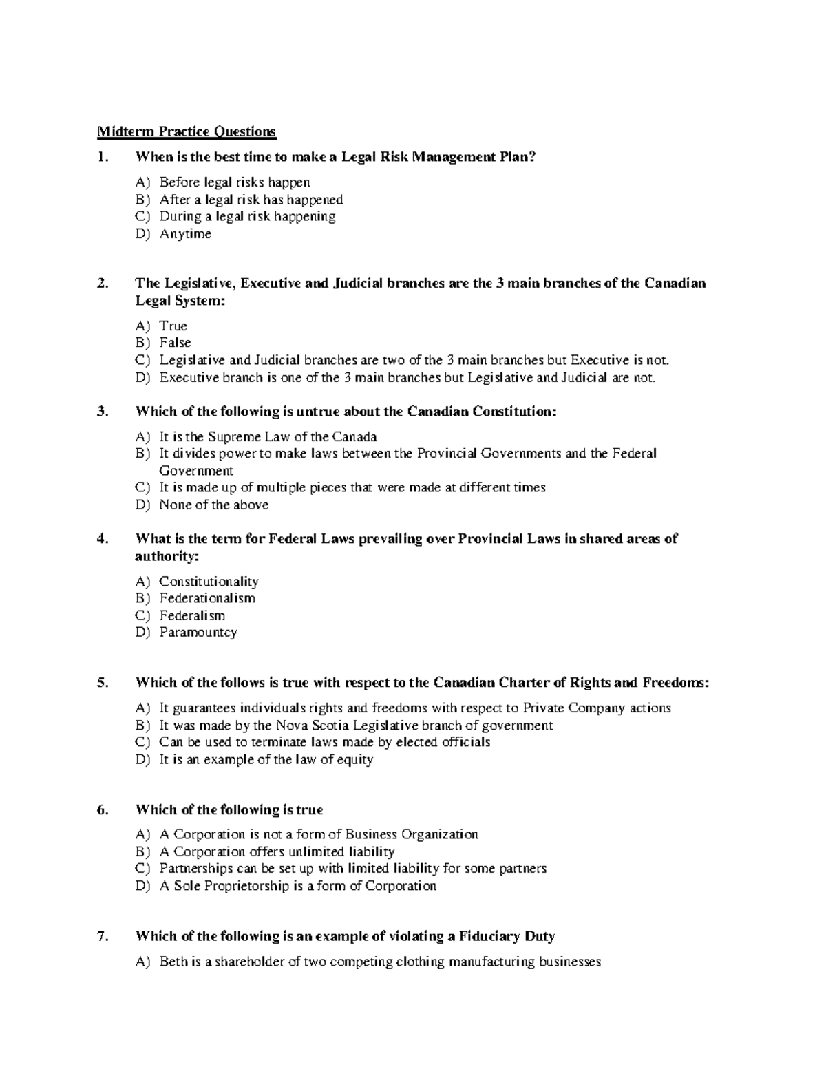 Midterm MCQ Practice Questions for Legal Studies - LS 101 - Studocu