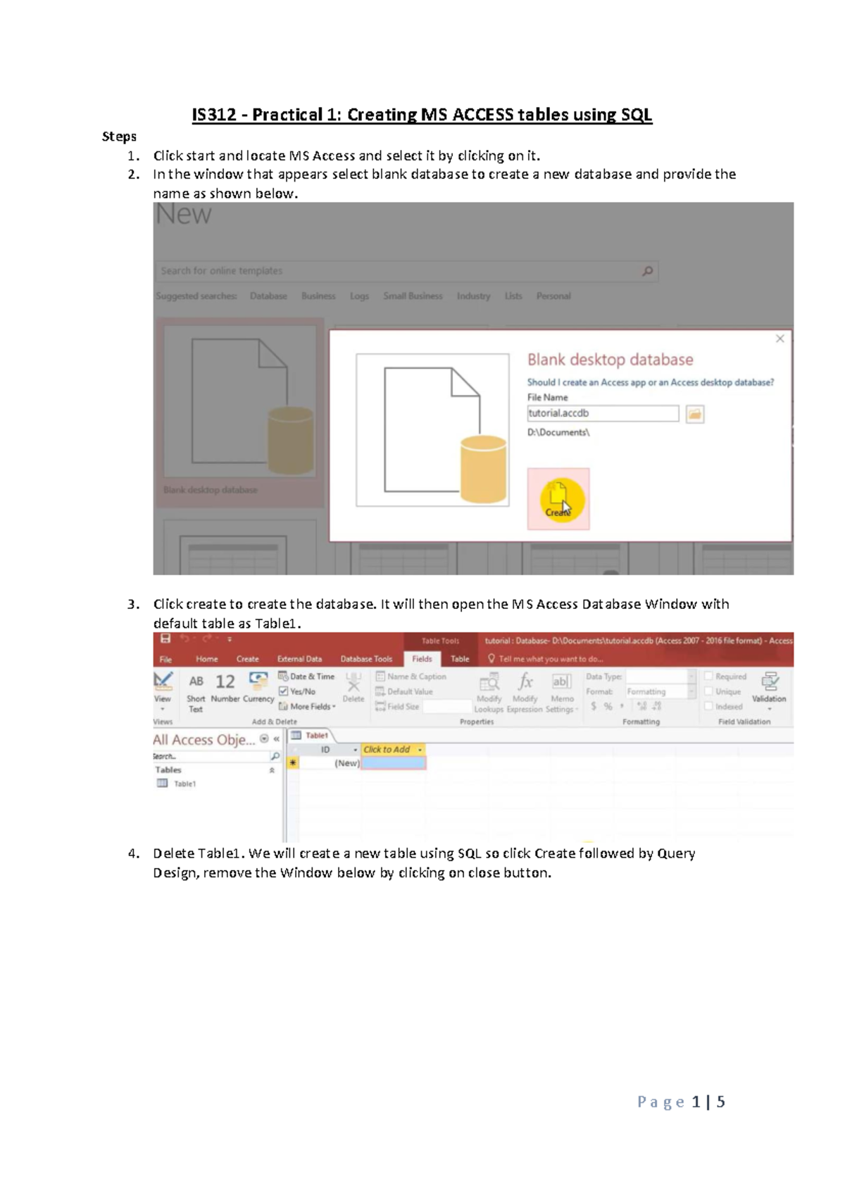 IS312 Practical 1: Creating MS Access Tables with SQL Steps - Studocu