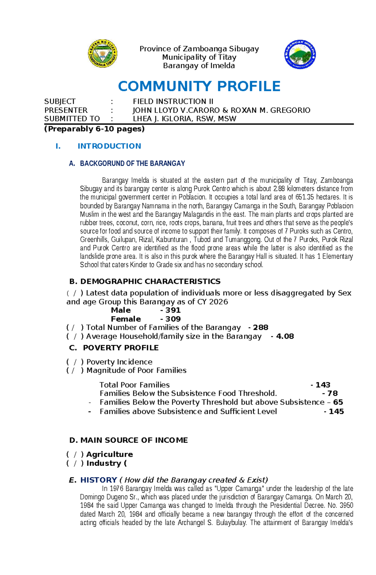 Community Profile of Barangay Imelda: Field Instruction II Report - Studocu