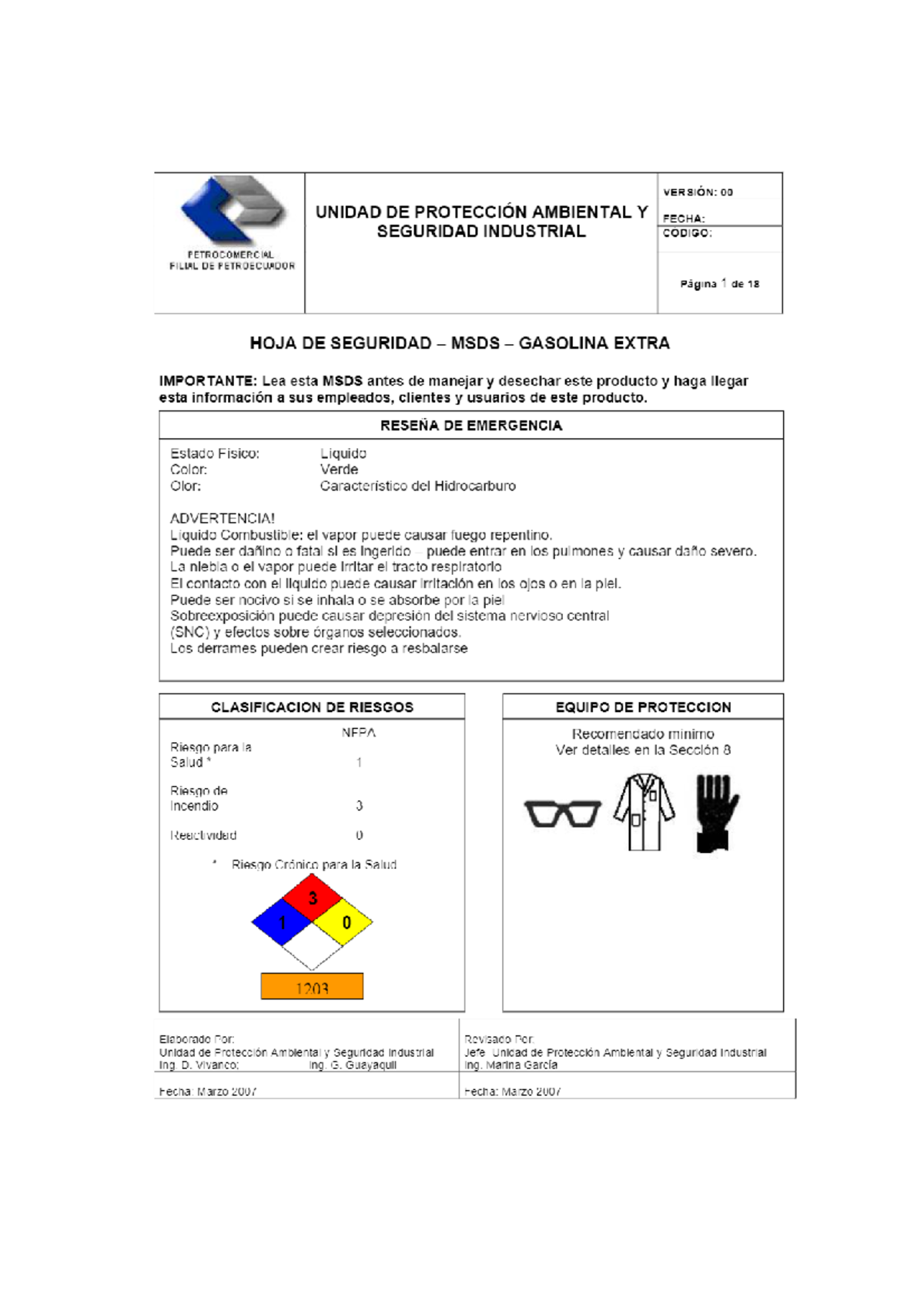 MSDS Gasolina Extra 12378567 - Información de Seguridad y Manejo - Studocu