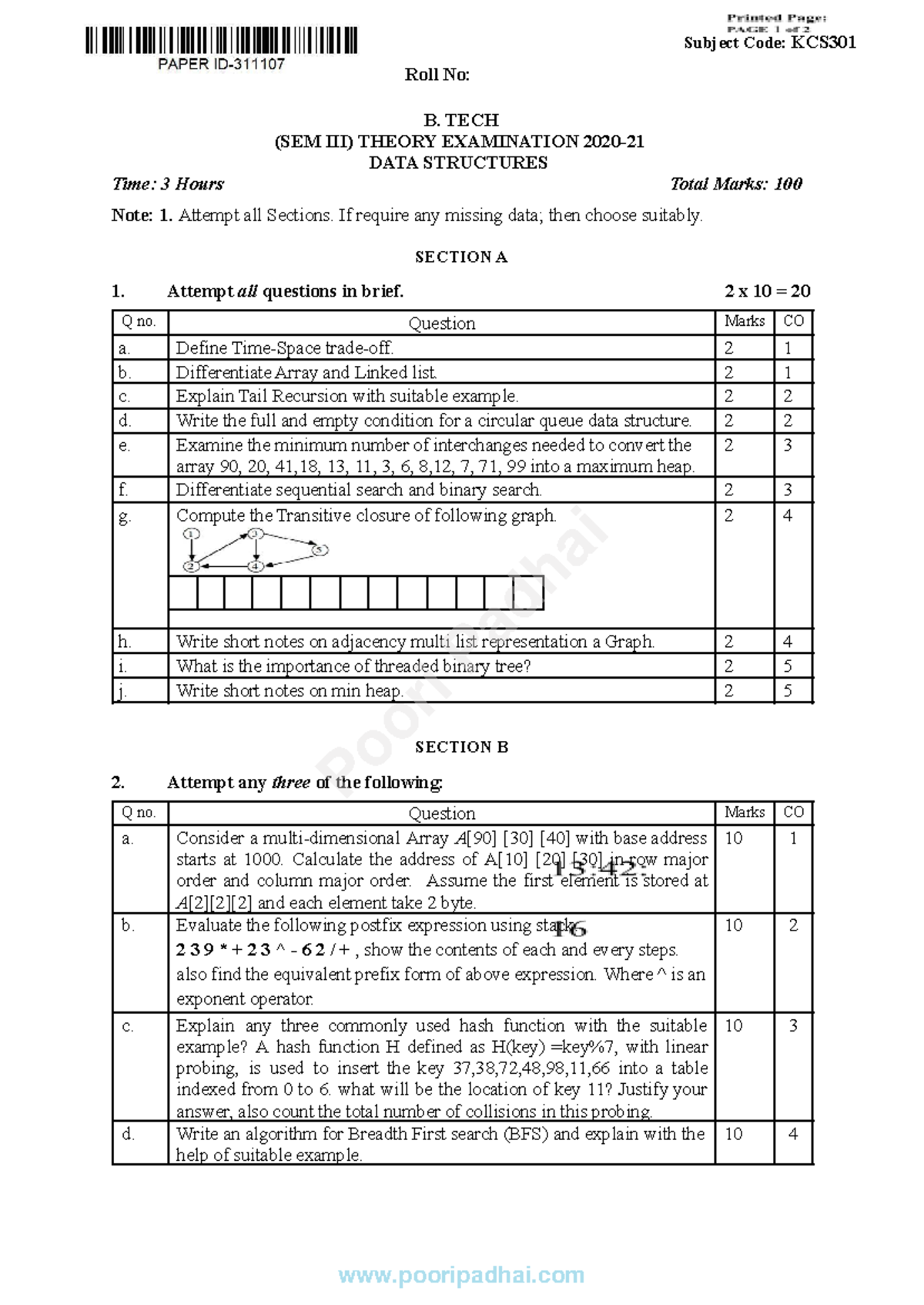 Data Structures KCS301 - Subject Code: KCS Roll No: B. TECH (SEM III ...