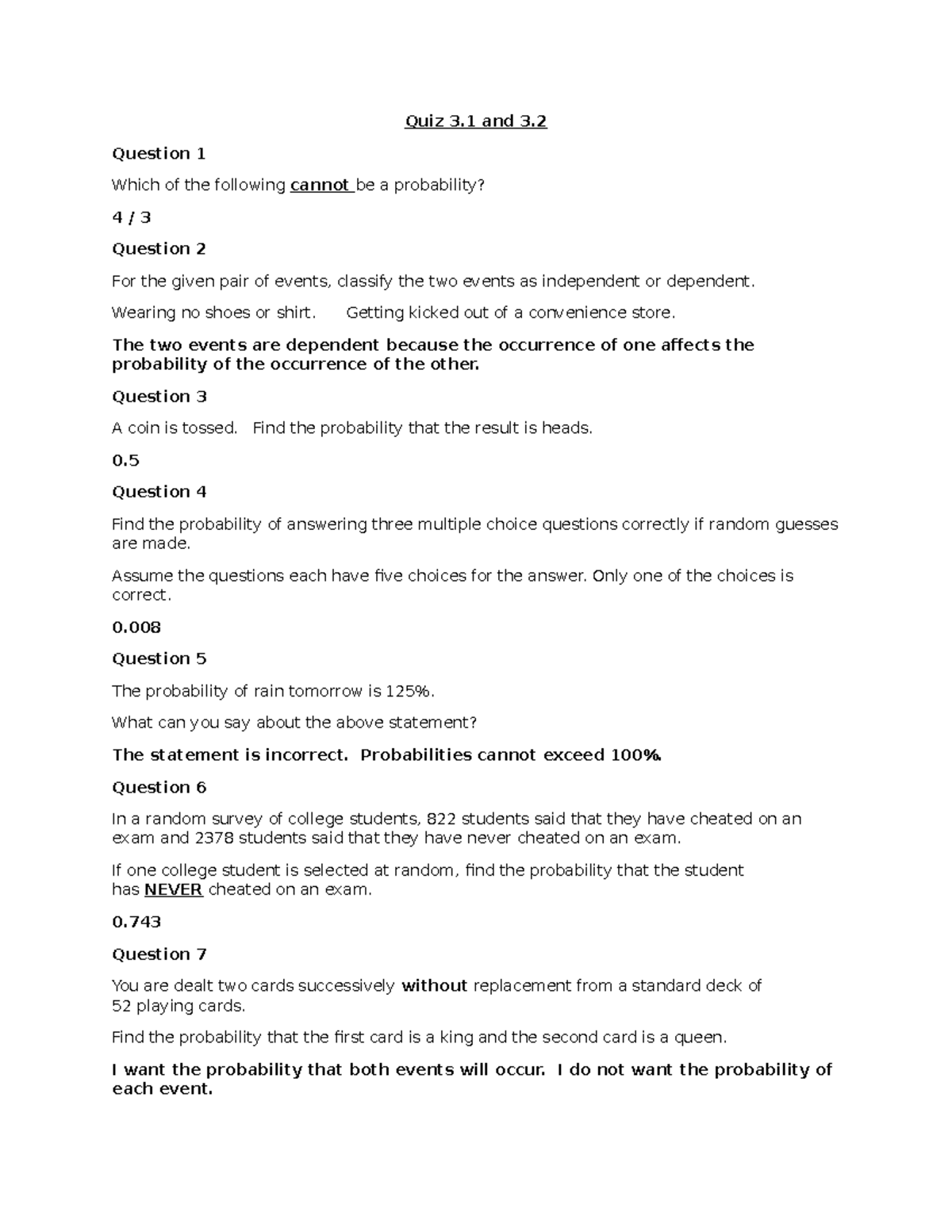 Statistics Quiz 3.1: Probability Concepts and Calculations - Studocu