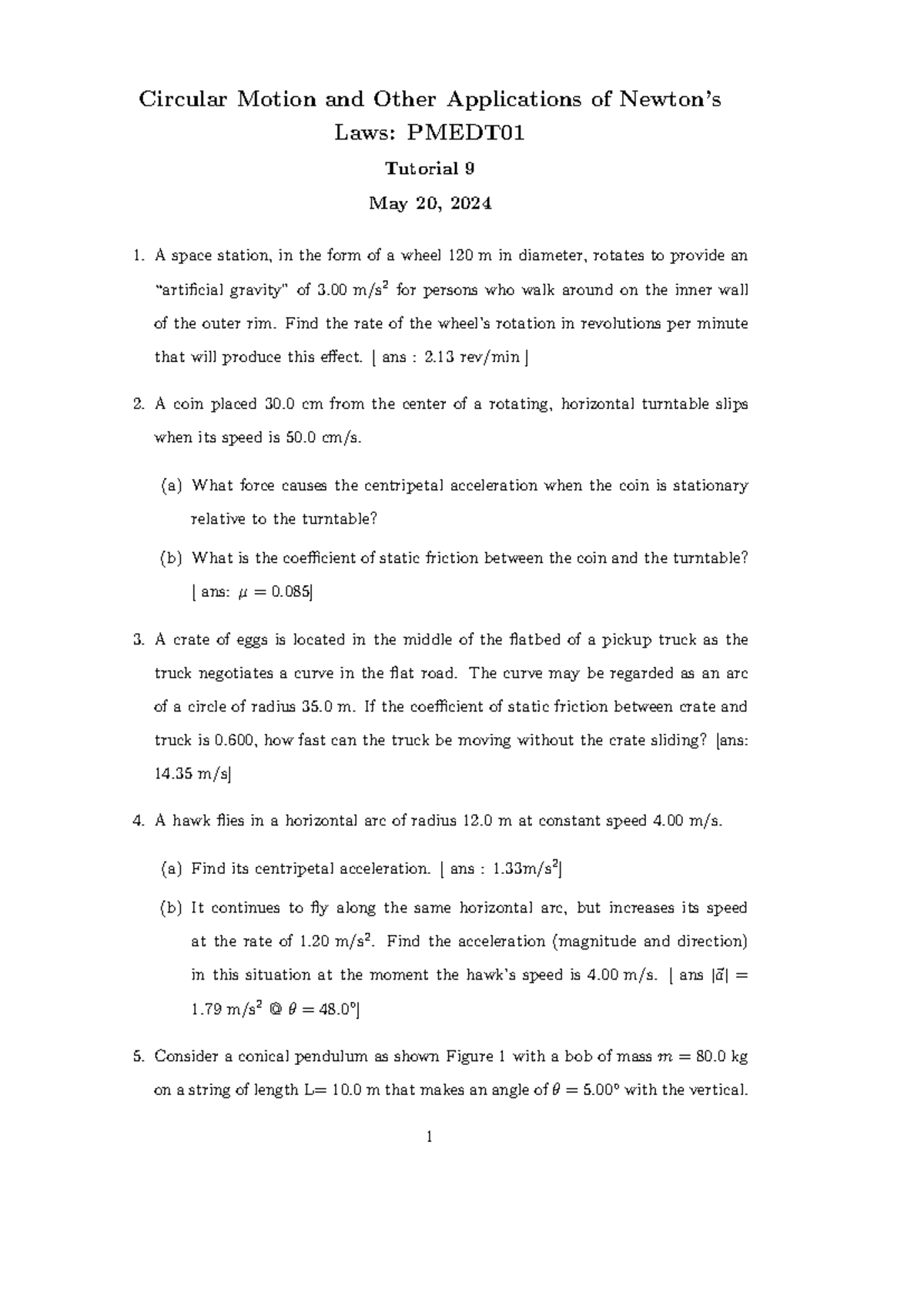 2024 Tutorial 9 Circular Motion and Other Applications of Newtons Laws ...