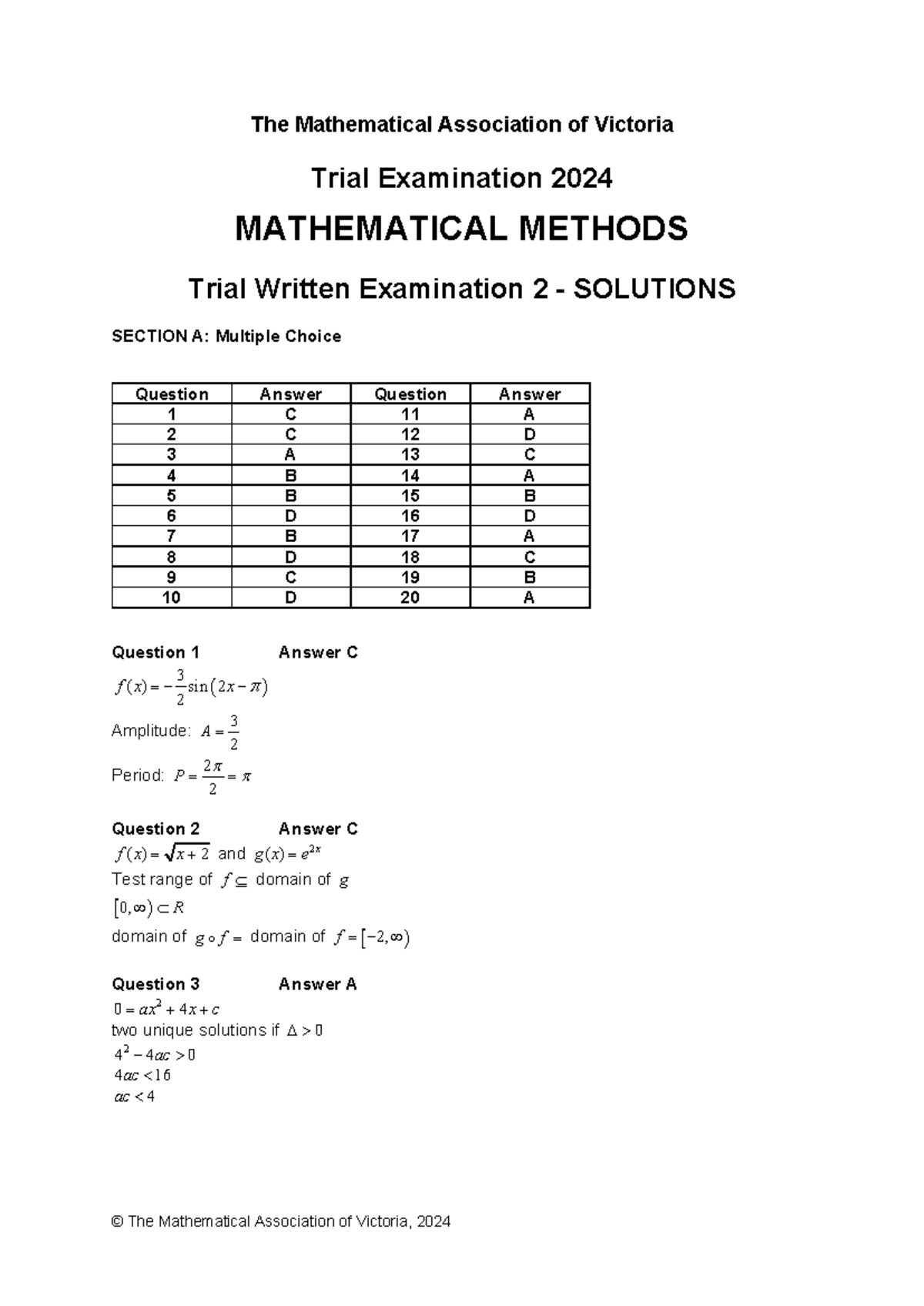 MAV 2024 Mathematical Methods Trial Exam 2 Solutions - Studocu