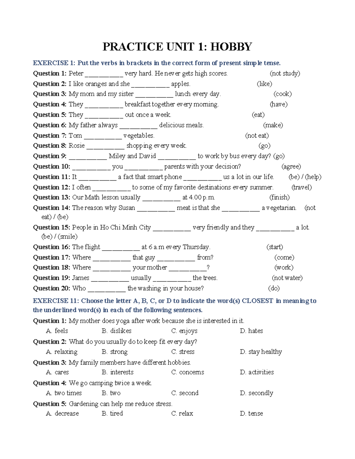 Practice Unit 1: Present Simple Tense Exercises on Hobbies - Studocu