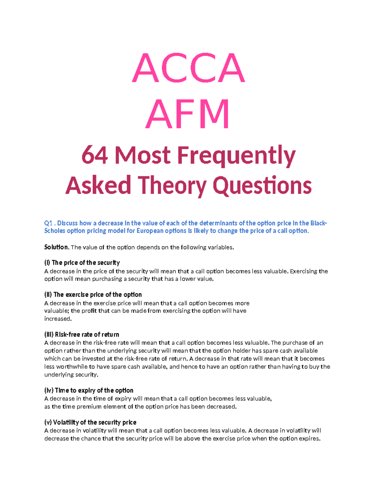 ACCA AFM 64 Key Theory Questions and Answers for Exam Preparation - Studocu