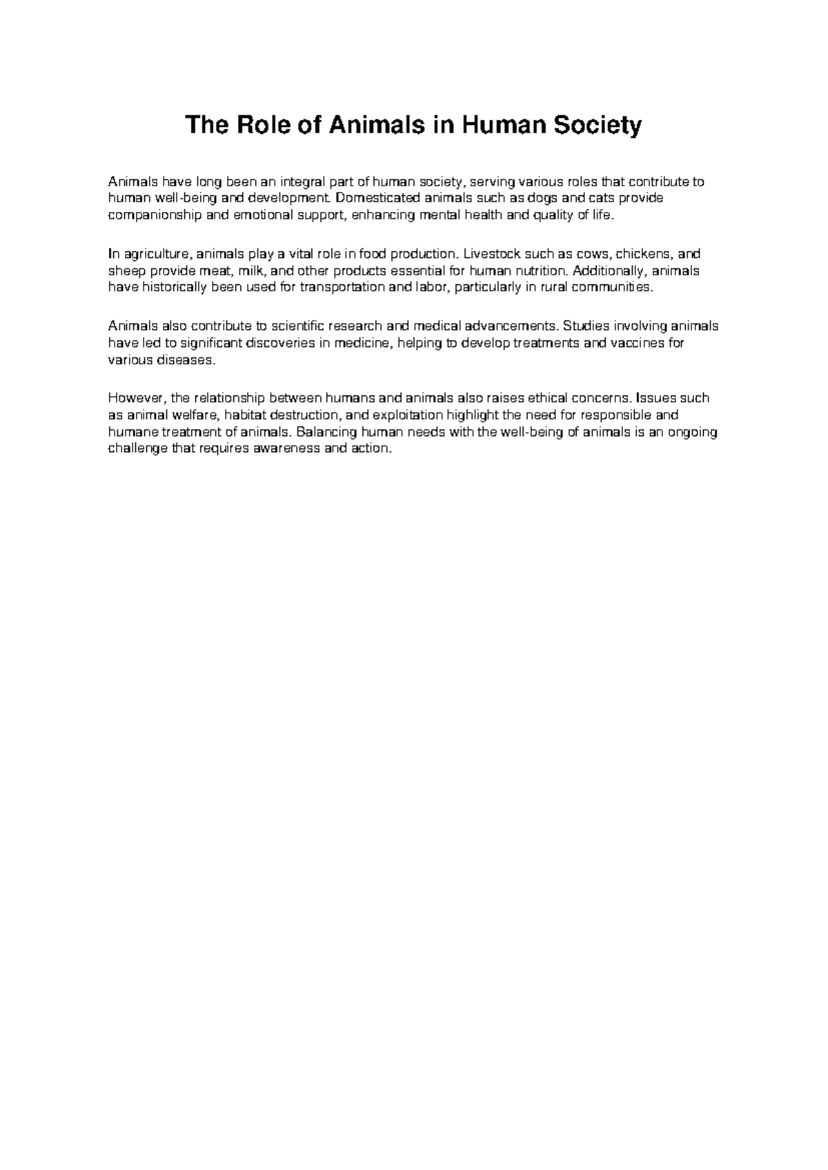 The Role of Animals in Human Society: An Essay (Animal Essay 3) - Studocu