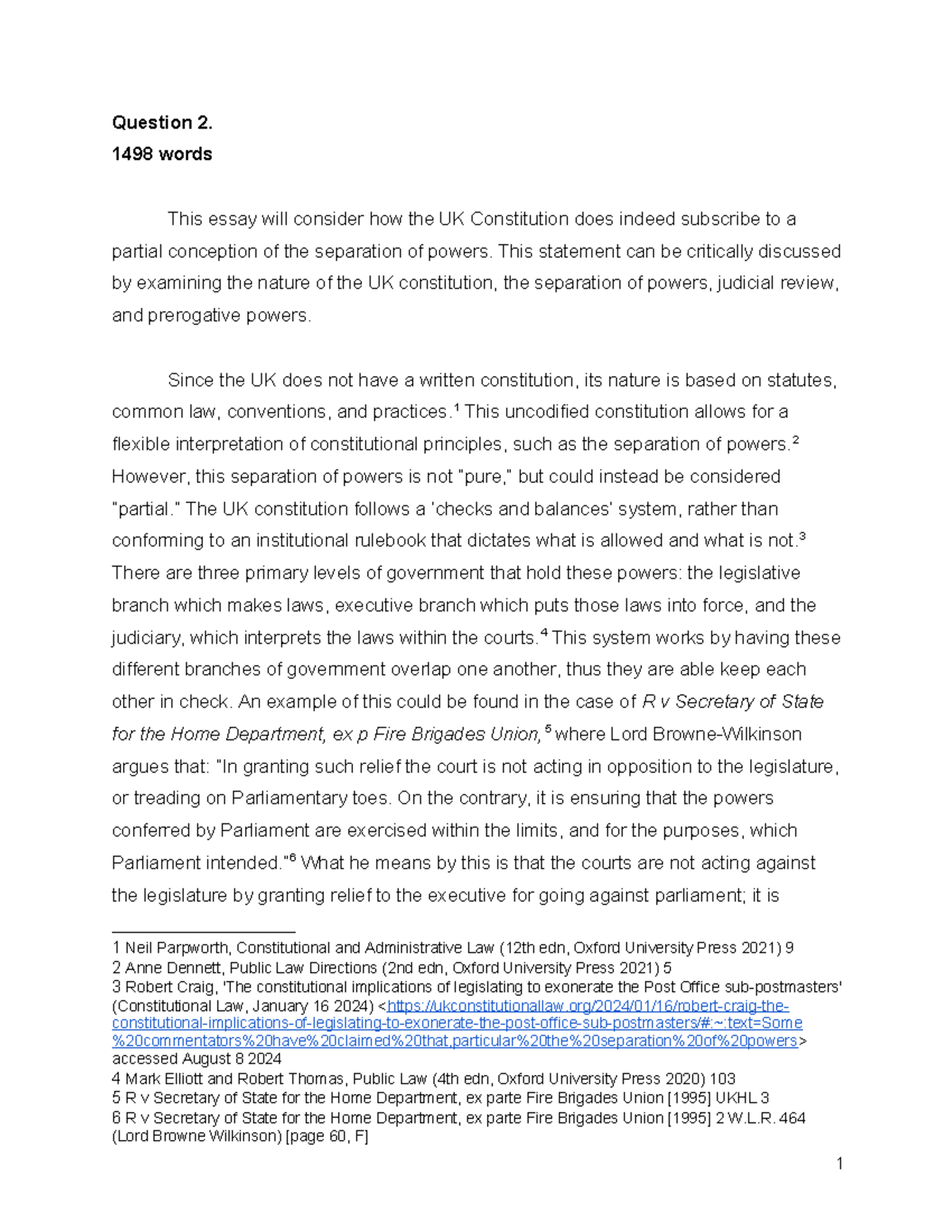 UK Constitution Separation of Powers Essay - Course Code LAW1234 - Studocu