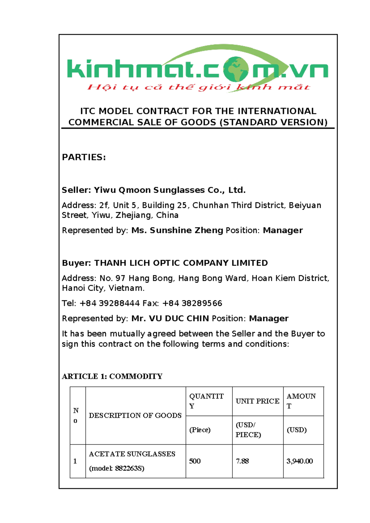 ITC Model Contract FOR THE International Commercial SALE OF Goods - ITC ...