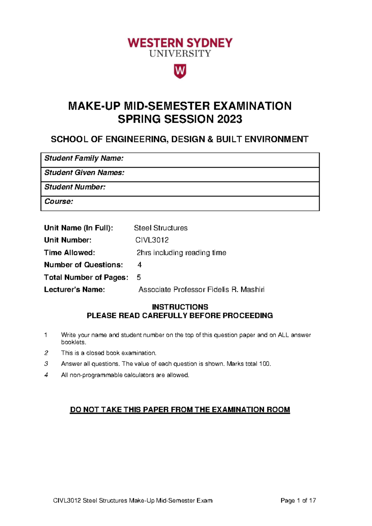 SOLUTIONS FOR Q1-4: CIVL3012 Steel Structures Midterm Exam Spring 2023 ...