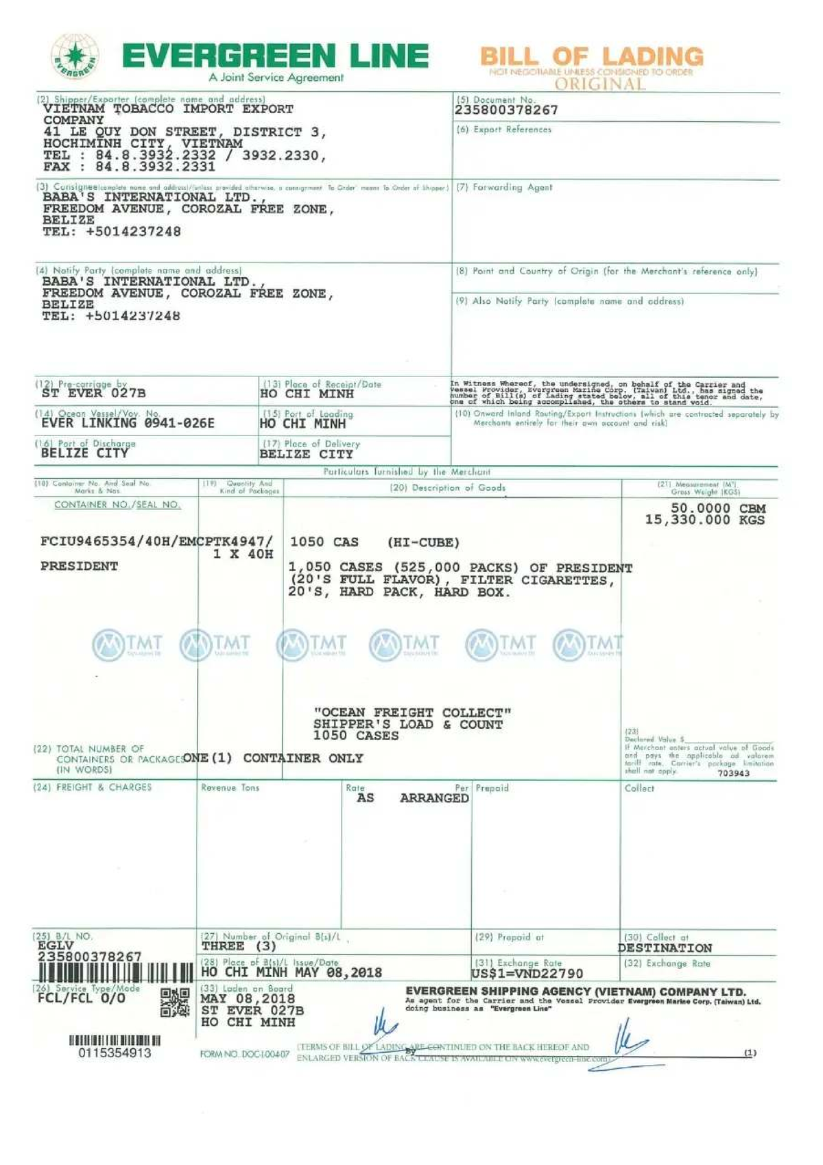 MCIT Final Exam: Bill of Lading for Evergreen Line Shipment - Studocu
