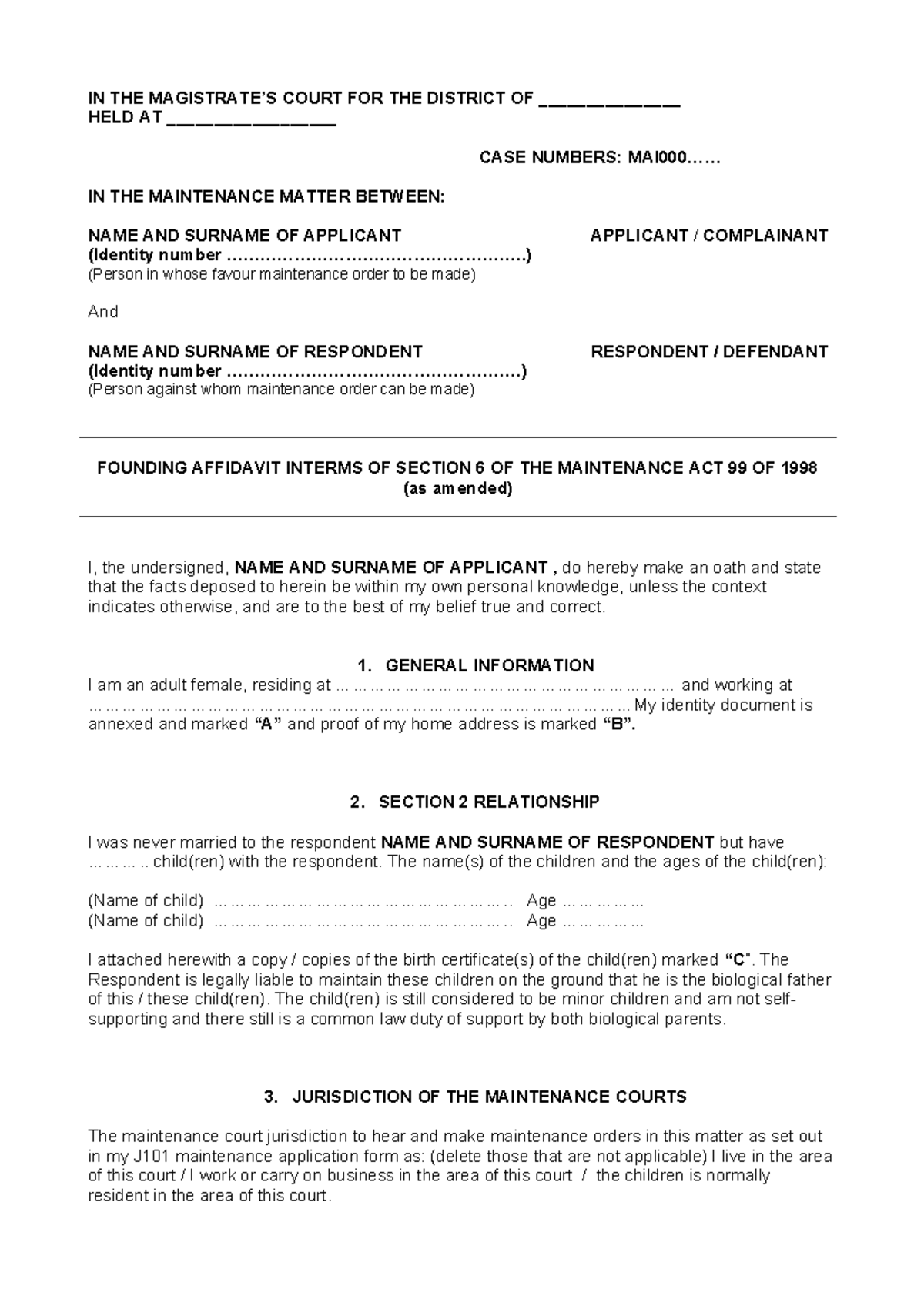 Founding Affidavit for Maintenance Matter - Case No. [Insert Case ...