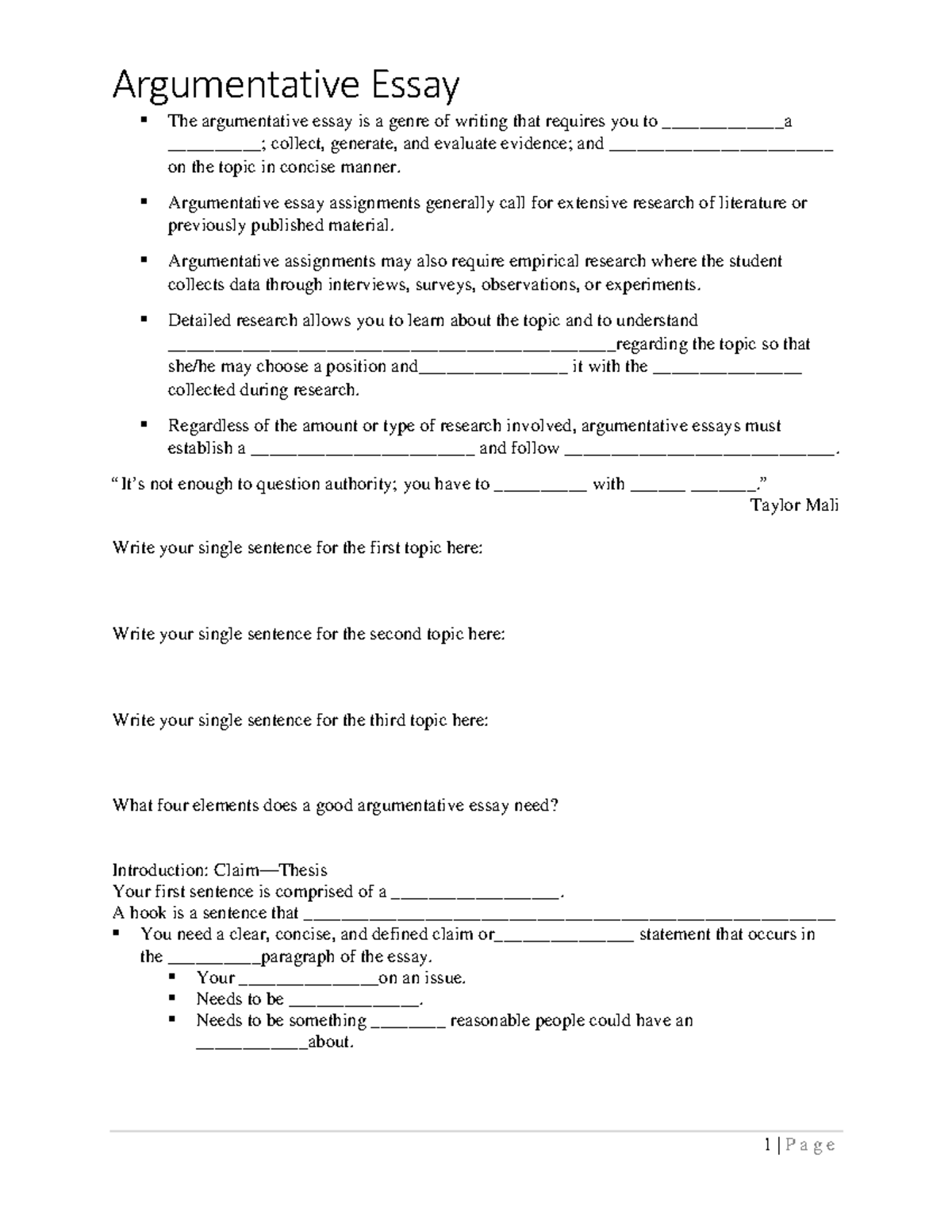 Argumentative Essay Notes 2 (ENG 101) - Key Elements and Structure ...