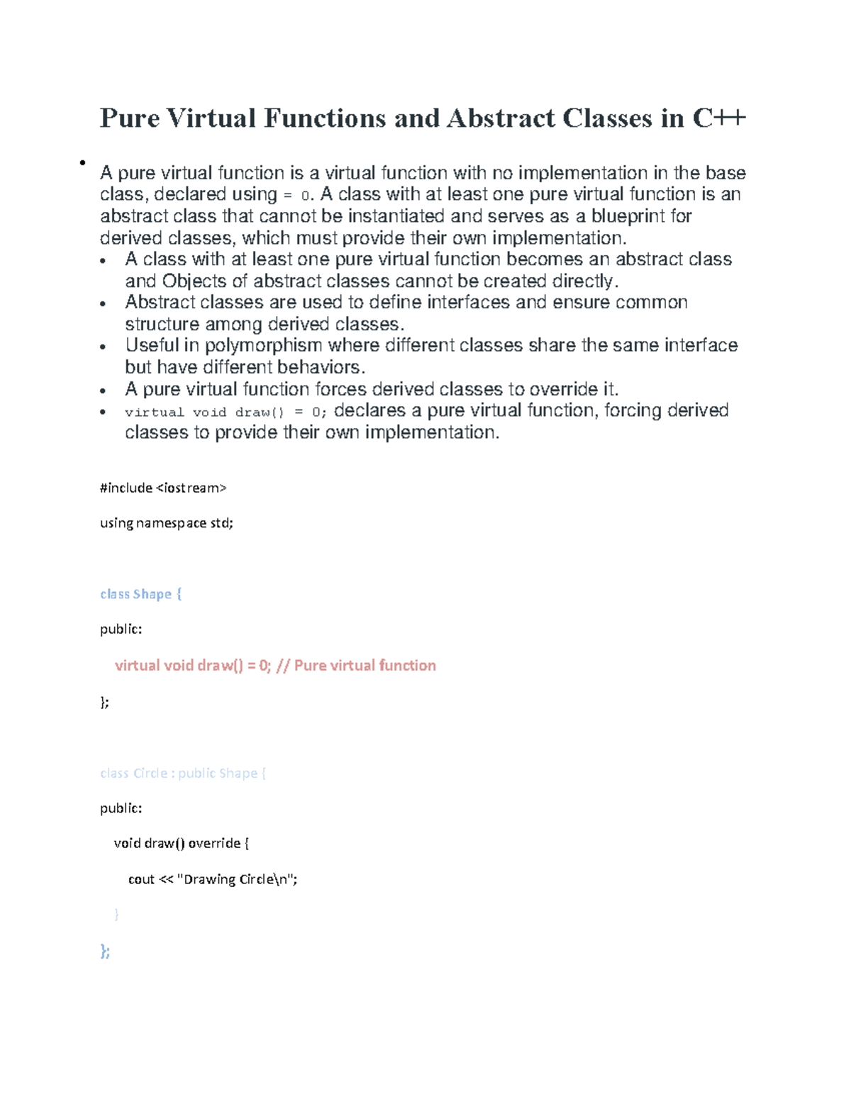 Abstract Classes and Pure Virtual Functions in C - Studocu