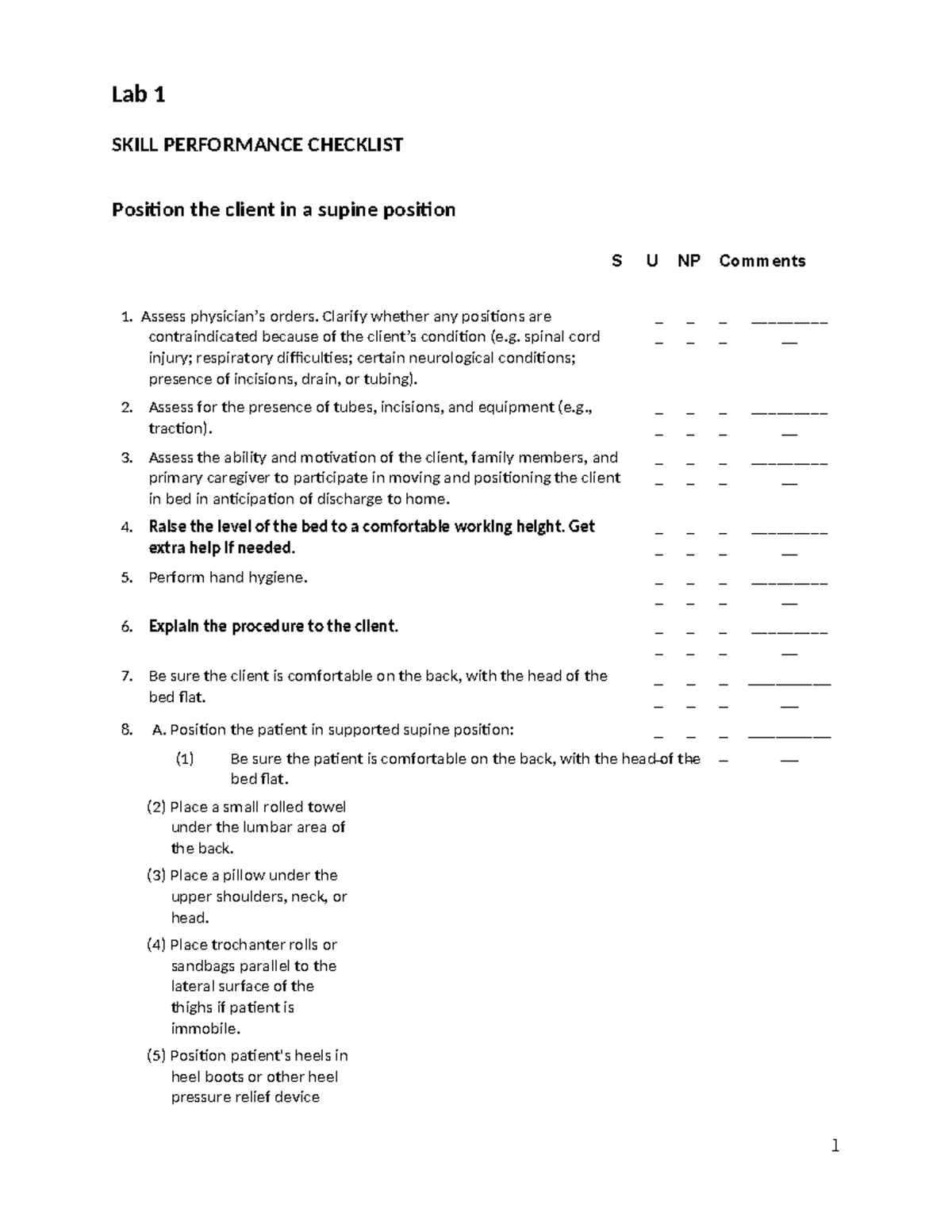 Lab 1 SKILL PERFORMANCE CHECKLIST: Supine Positioning Techniques - Studocu