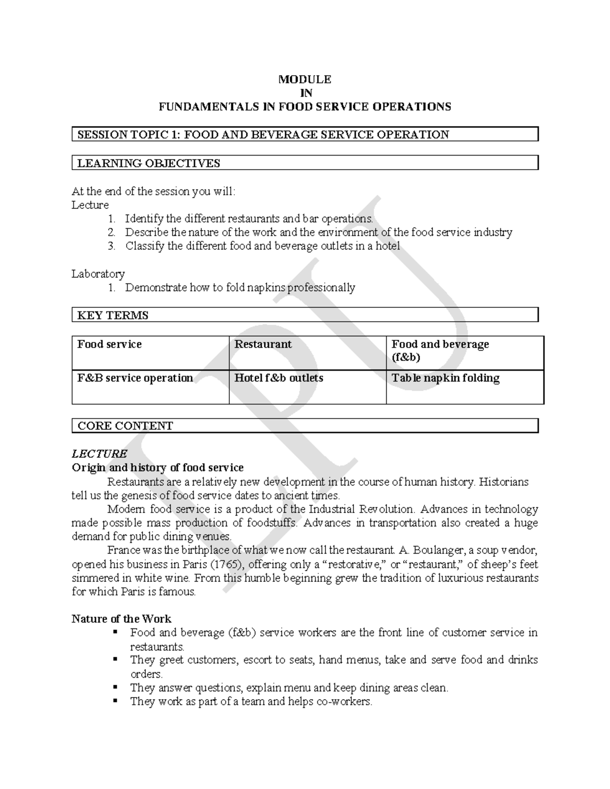 FNB 101: Lecture 1 - Food & Beverage Service Operations Overview - Studocu