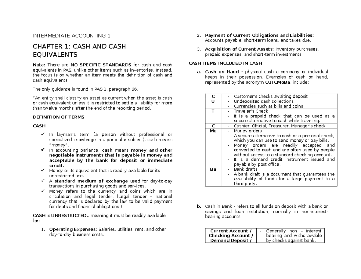 Intermediate Accounting 1: Chapter 1 - Cash & Cash Equivalents - Studocu