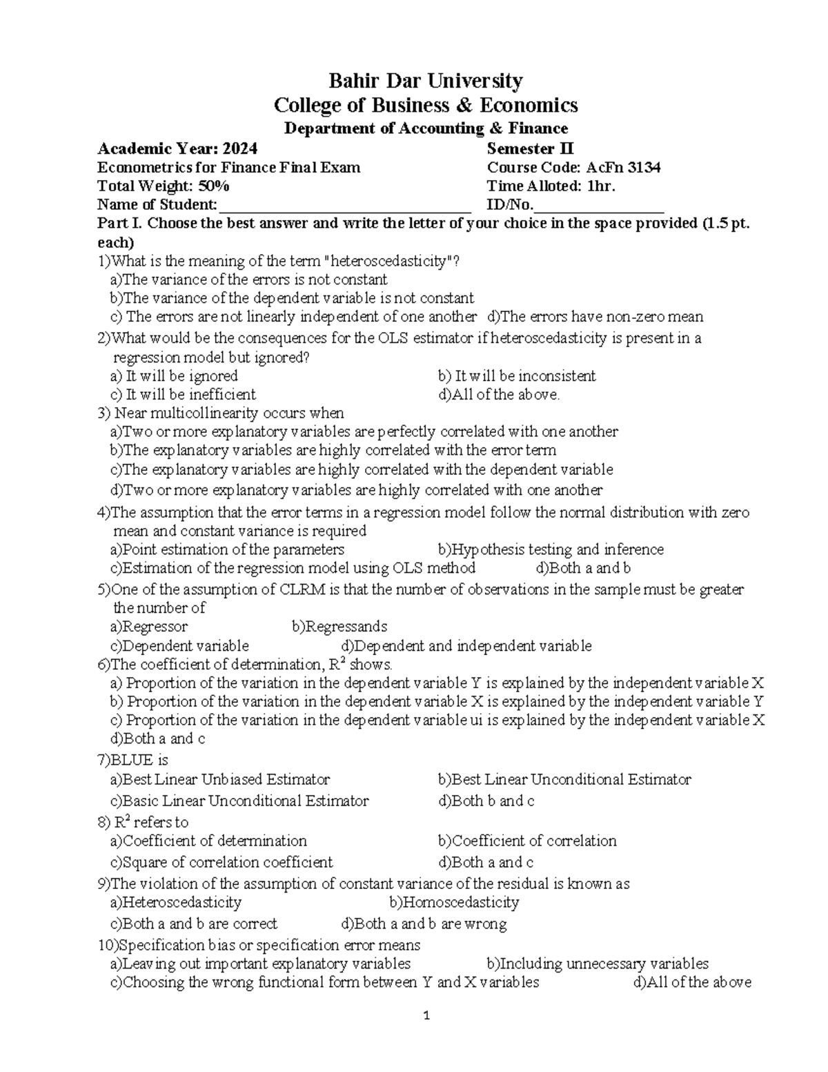 Econometrics Final Exam AcFn 3134 Answers for 3rd Year Students - Studocu