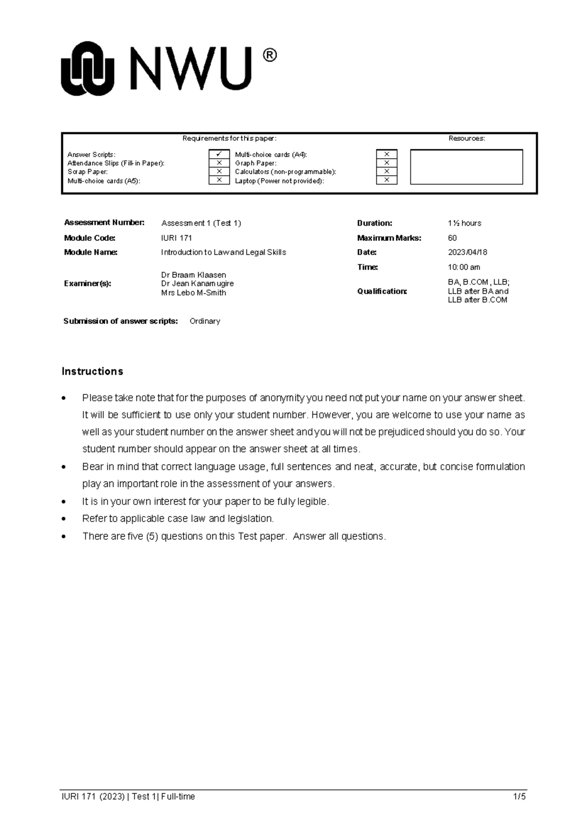 IURI174 nwu-jun2022 - Past questions papers - Type of Assessment/ Tipe ...