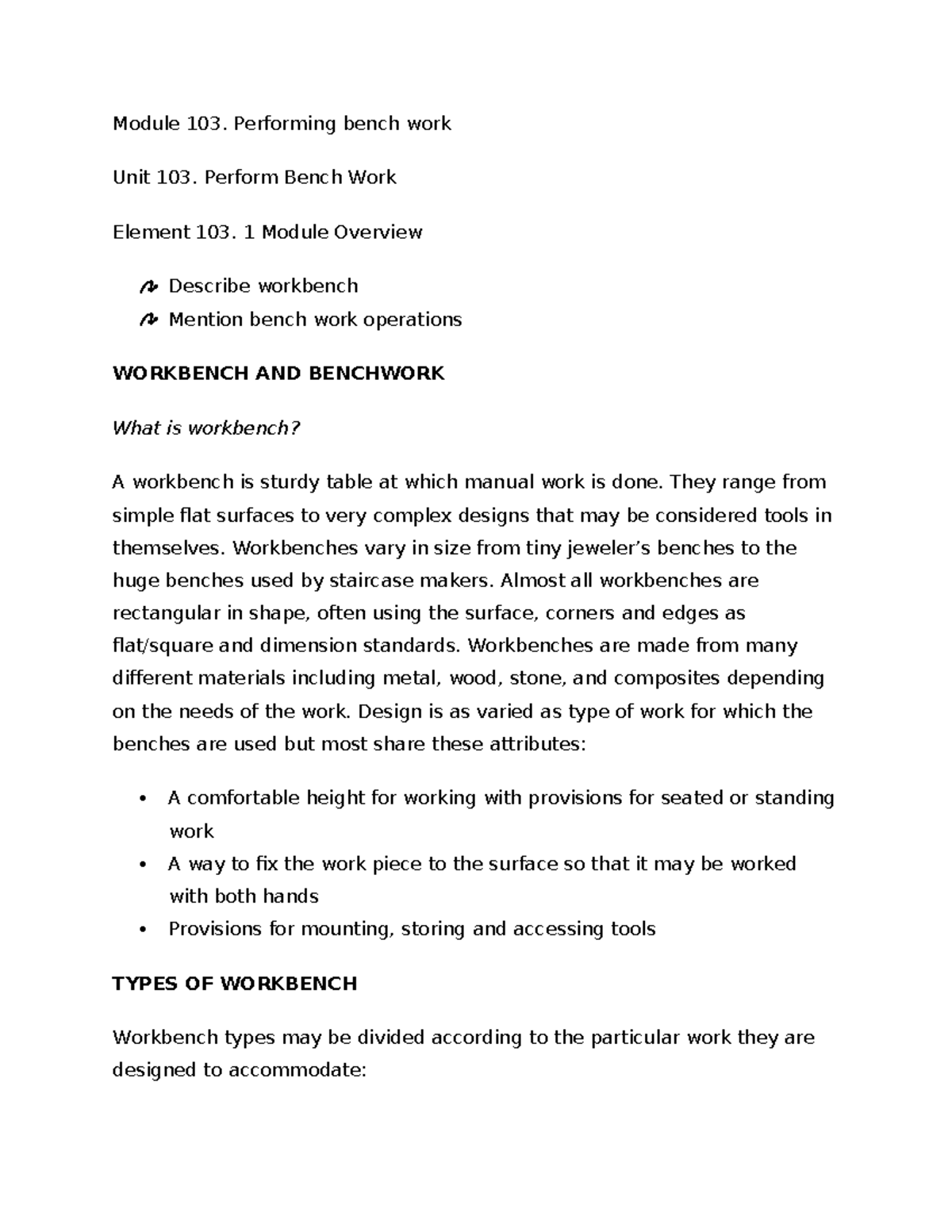 Module 103: Comprehensive Guide to Performing Bench Work - Studocu