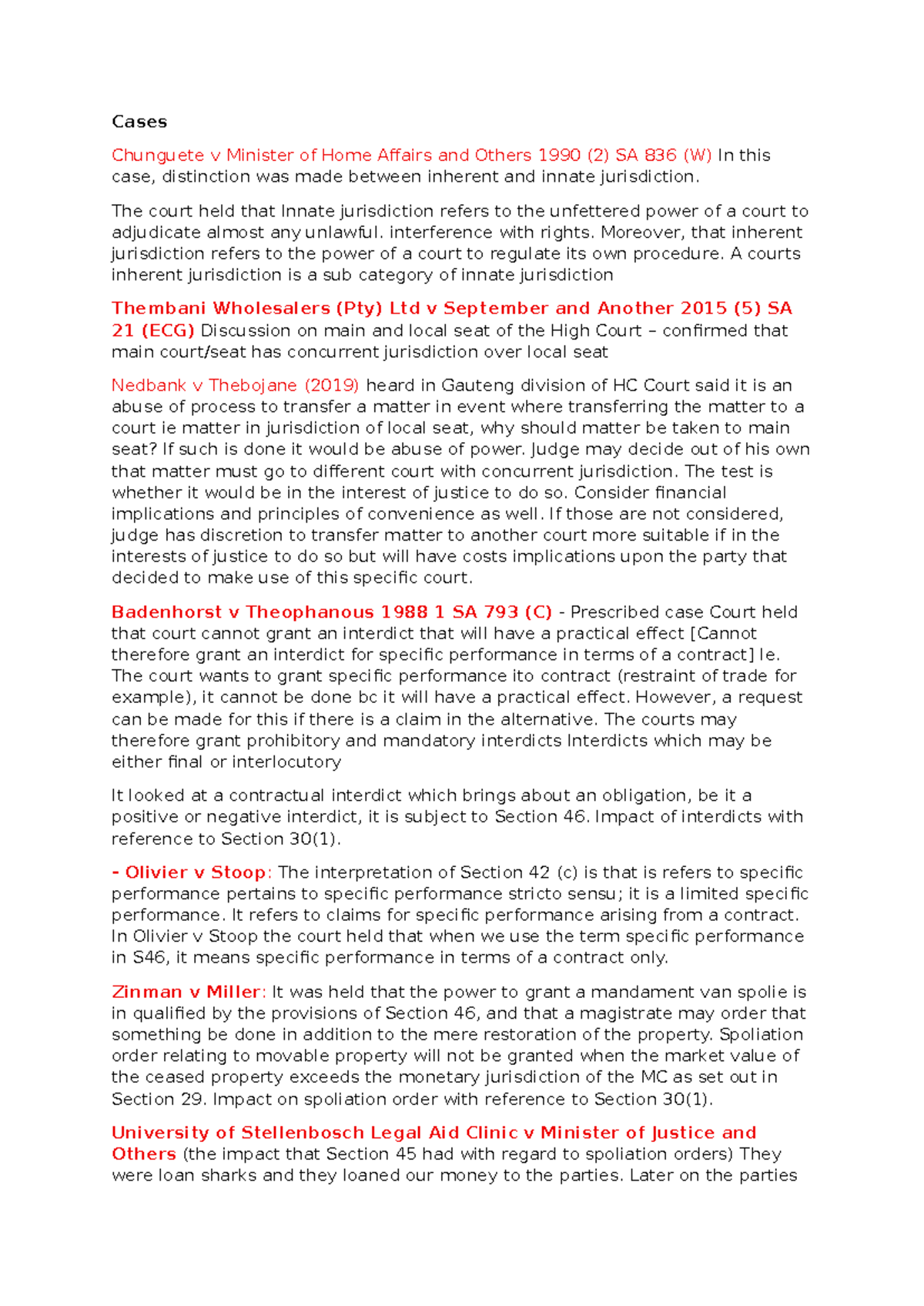 Cases on Jurisdiction and Interdicts: Legal Insights and Analysis - Studocu