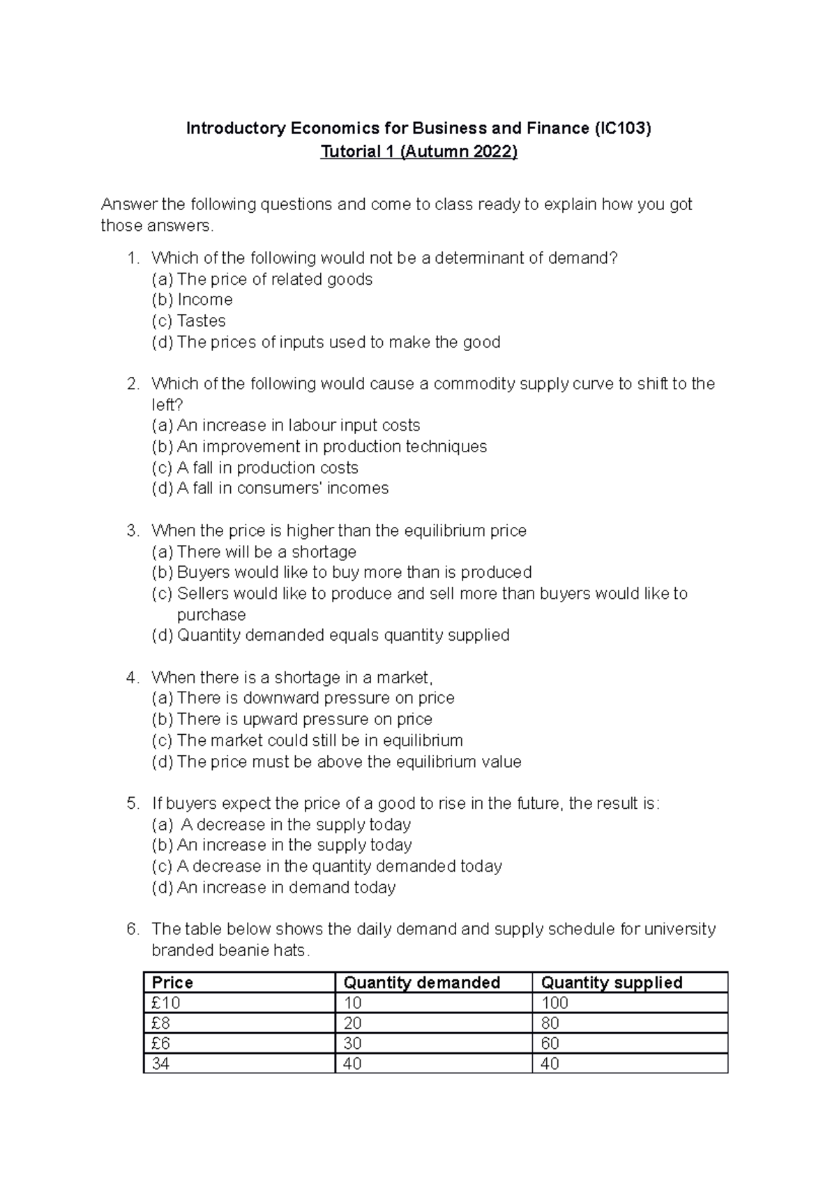 Tutorial 1 Questions Overview (IC103) - Intro to Economics for Business ...