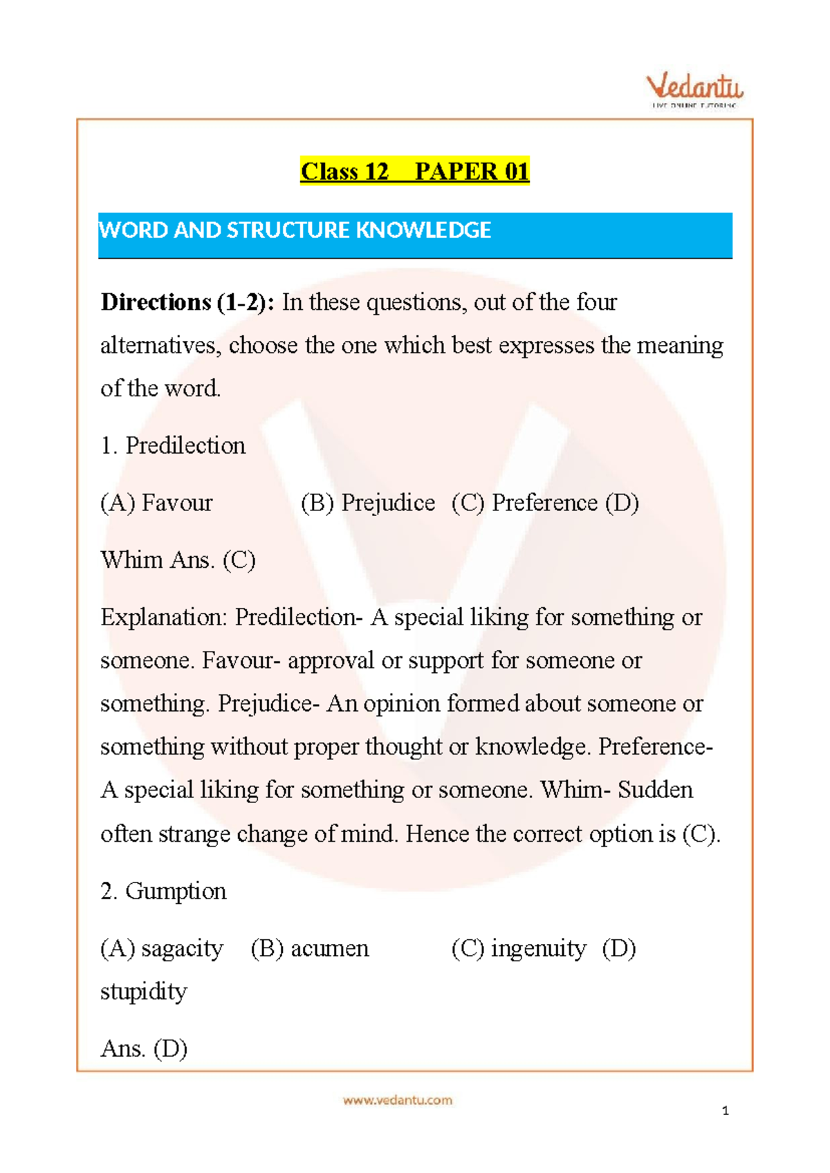 IEO English Sample Paper 1 for Class 12: Word & Structure Knowledge ...