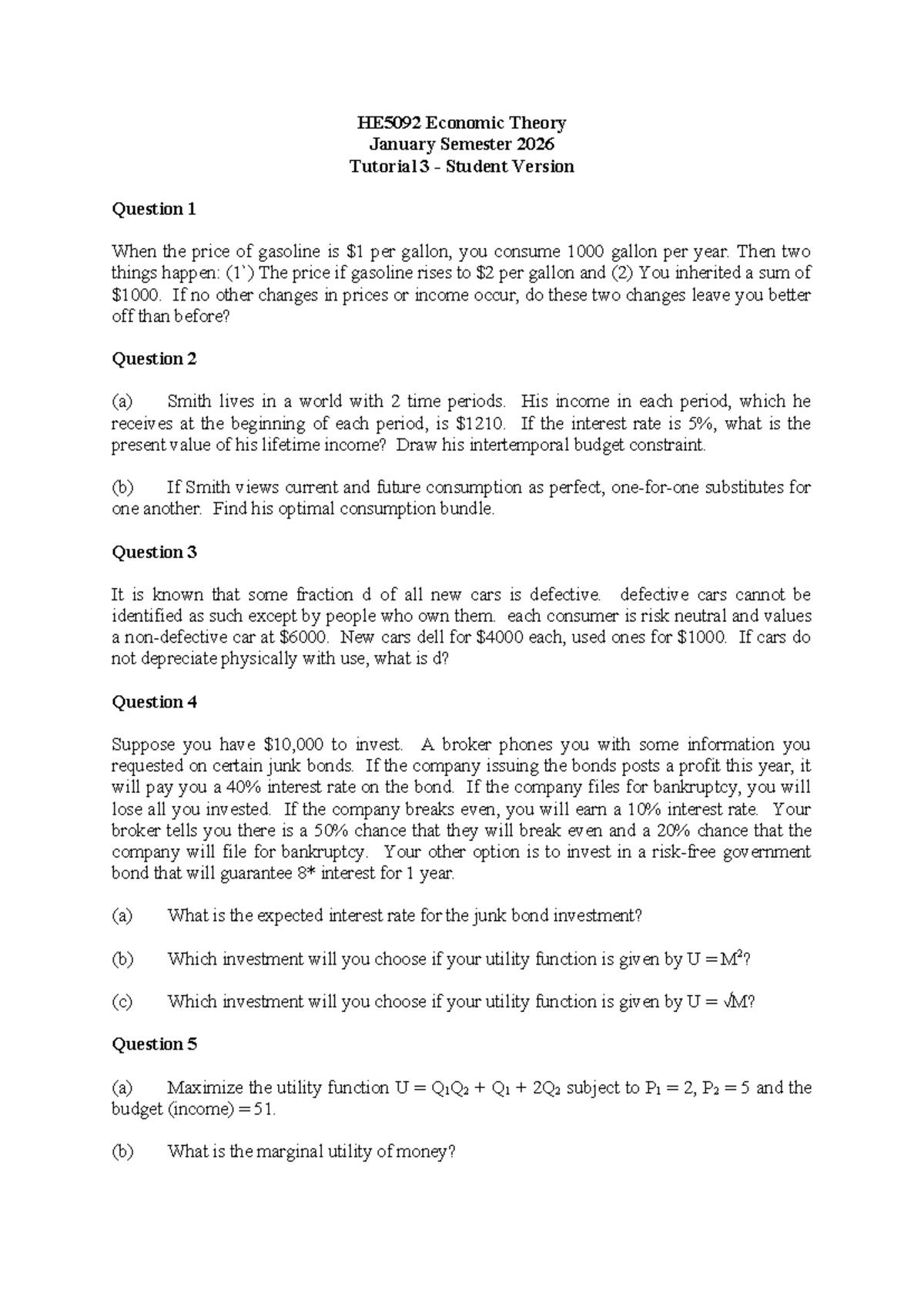 HE5092 Economic Theory January 2026 Tutorial 3 Questions and Analysis ...
