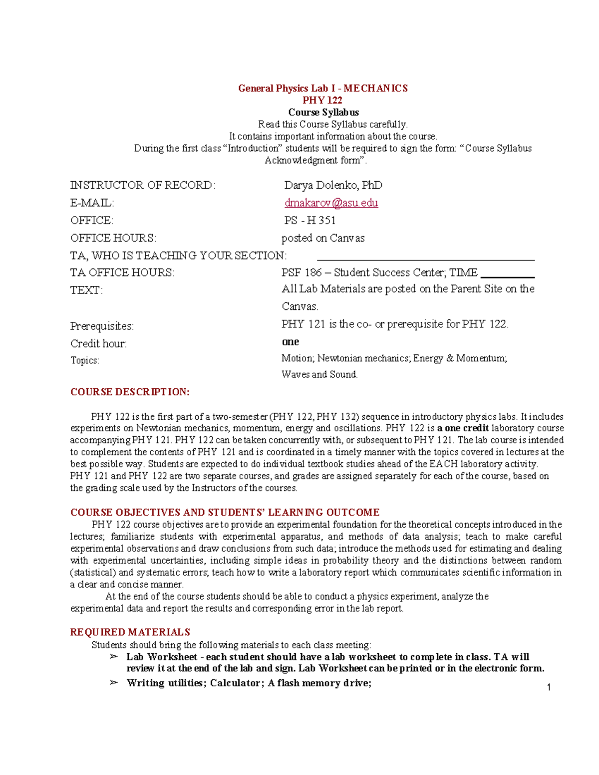 PHY 122 Syllabus - Spring 2024 for General Physics Lab I - Studocu