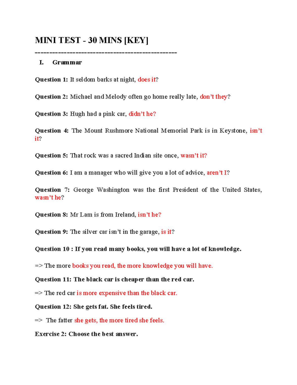 MINI TEST - 30 MINS [KEY] - MINI TEST - 30 MINS [KEY] - I. Grammar ...