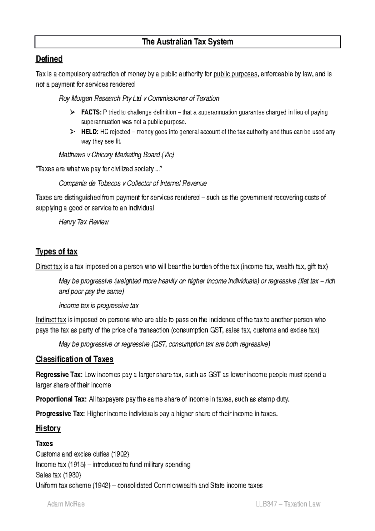 Tax Notes - The Australian Tax System Deined Tax is a compulsory ...