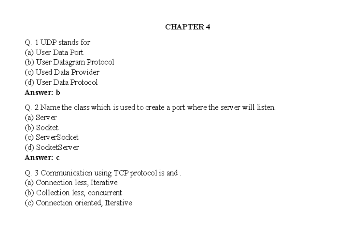 AJP QB - java - CHAPTER 4 Q. 1 UDP stands for (a) User Data Port (b ...