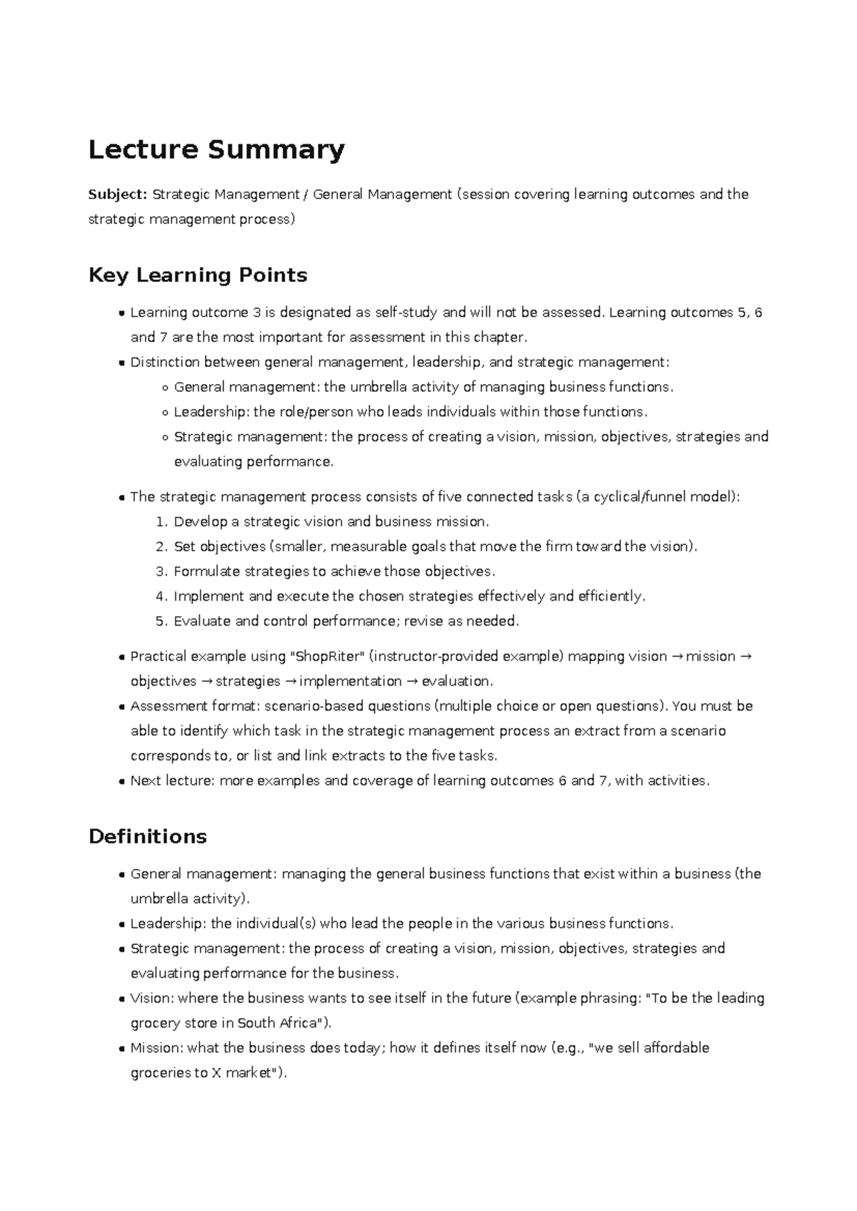 Lecture Summary: Strategic Management Process Overview - Studocu