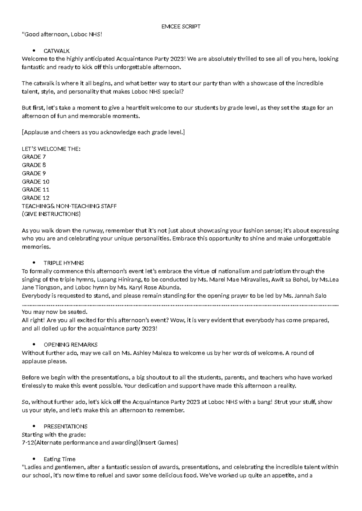 Loboc NHS Acquaintance Party 2023 Emcee Script Guide - Studocu