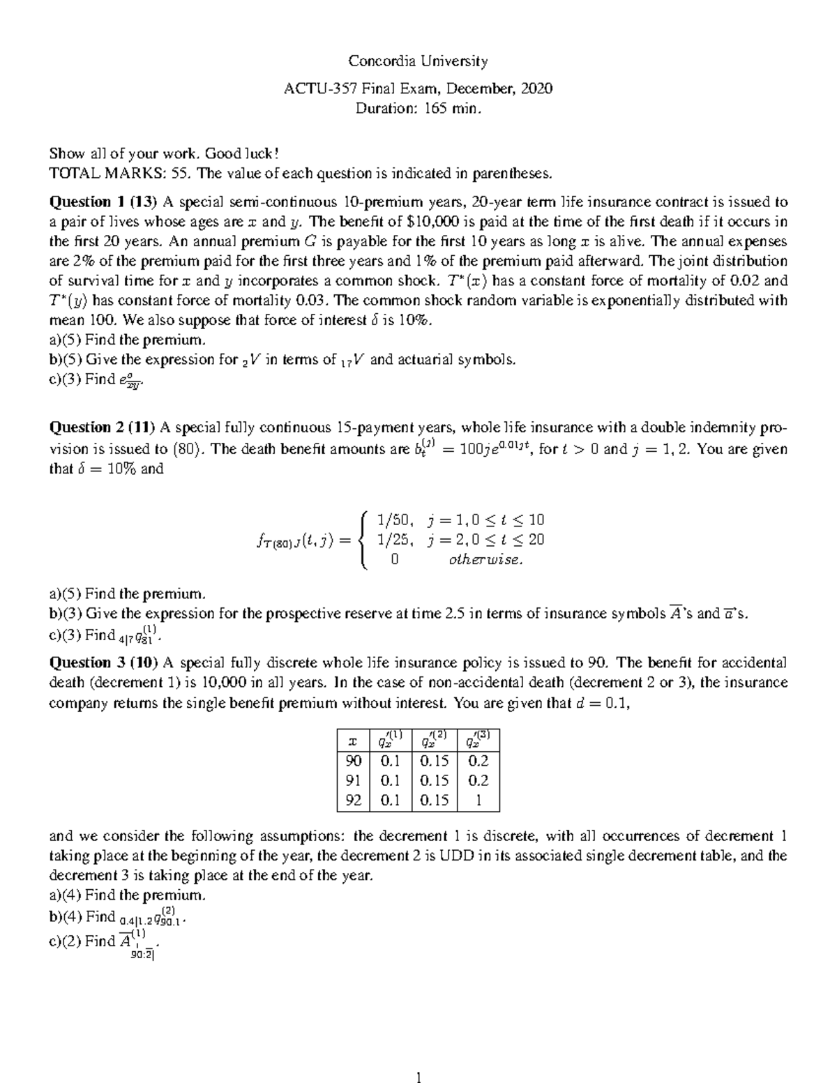 Concordia University Actuarial Science Final Exam, Dec 2020 - Studocu